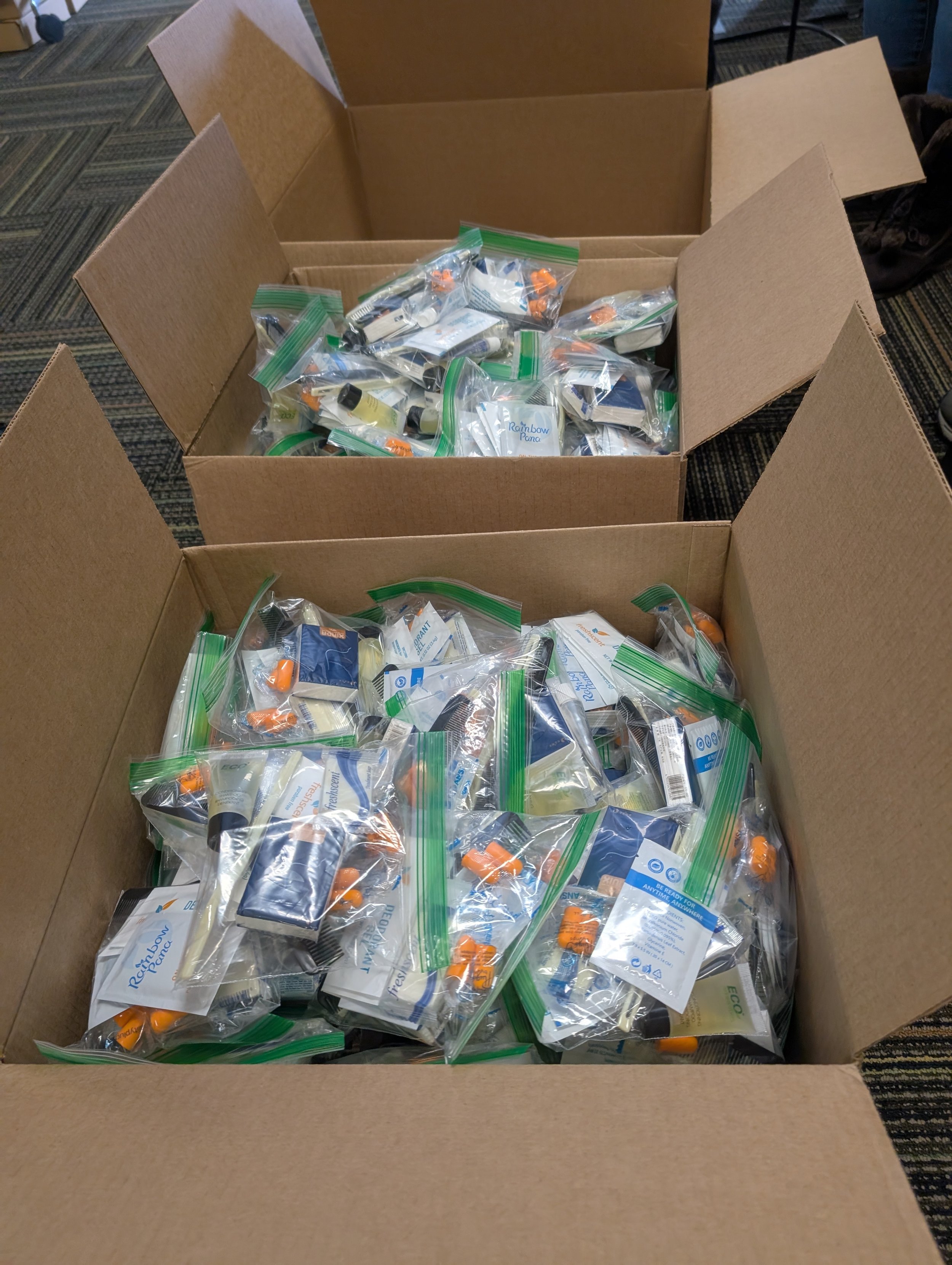 Two open cardboard boxes filled with small plastic bags containing medical or health supplies, including bottles and capsules, placed on a carpeted floor.