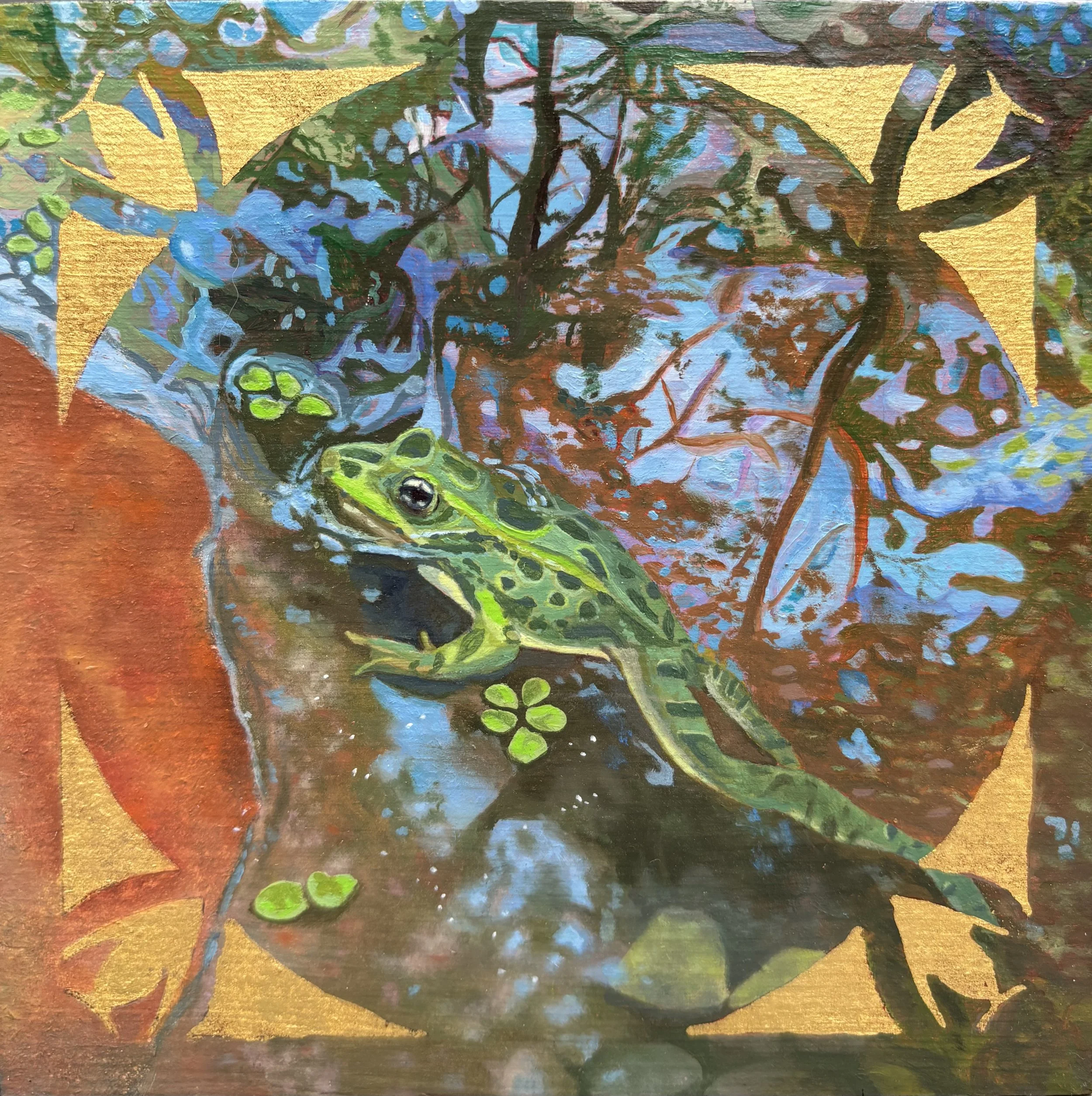 'Leopard frog in the pond', 2025, Oil on wood panel and Gold Leaf - "5 x "5.  Private Collection.