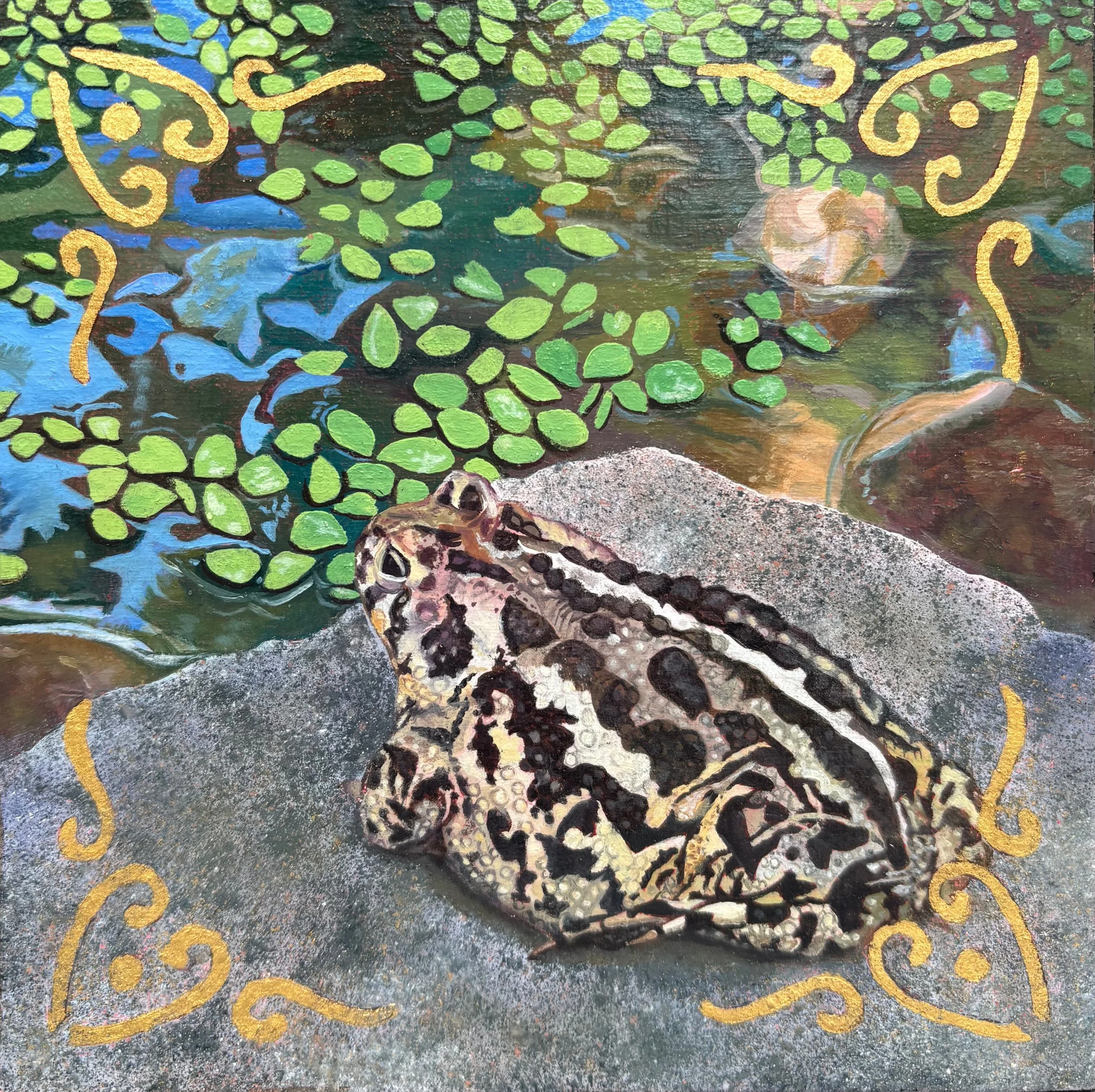 'Toad in the Pond', 2025, Oil on wood panel and Gold Leaf - "5 x 5".  Private Collection.