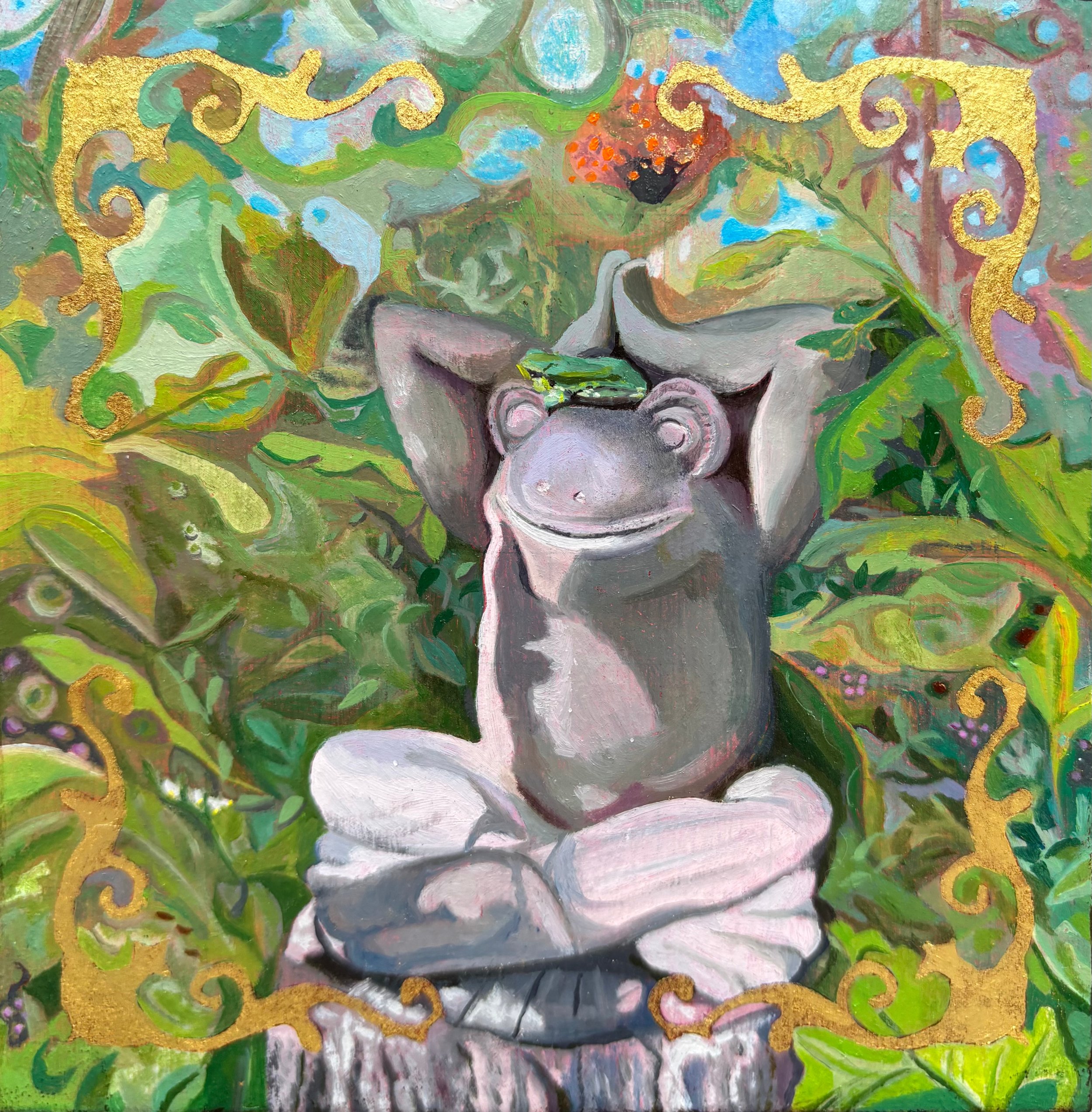 'Tree frog at rest', 2025, Oil on wood panel and Gold Leaf - 5" x 5".  Original Available.