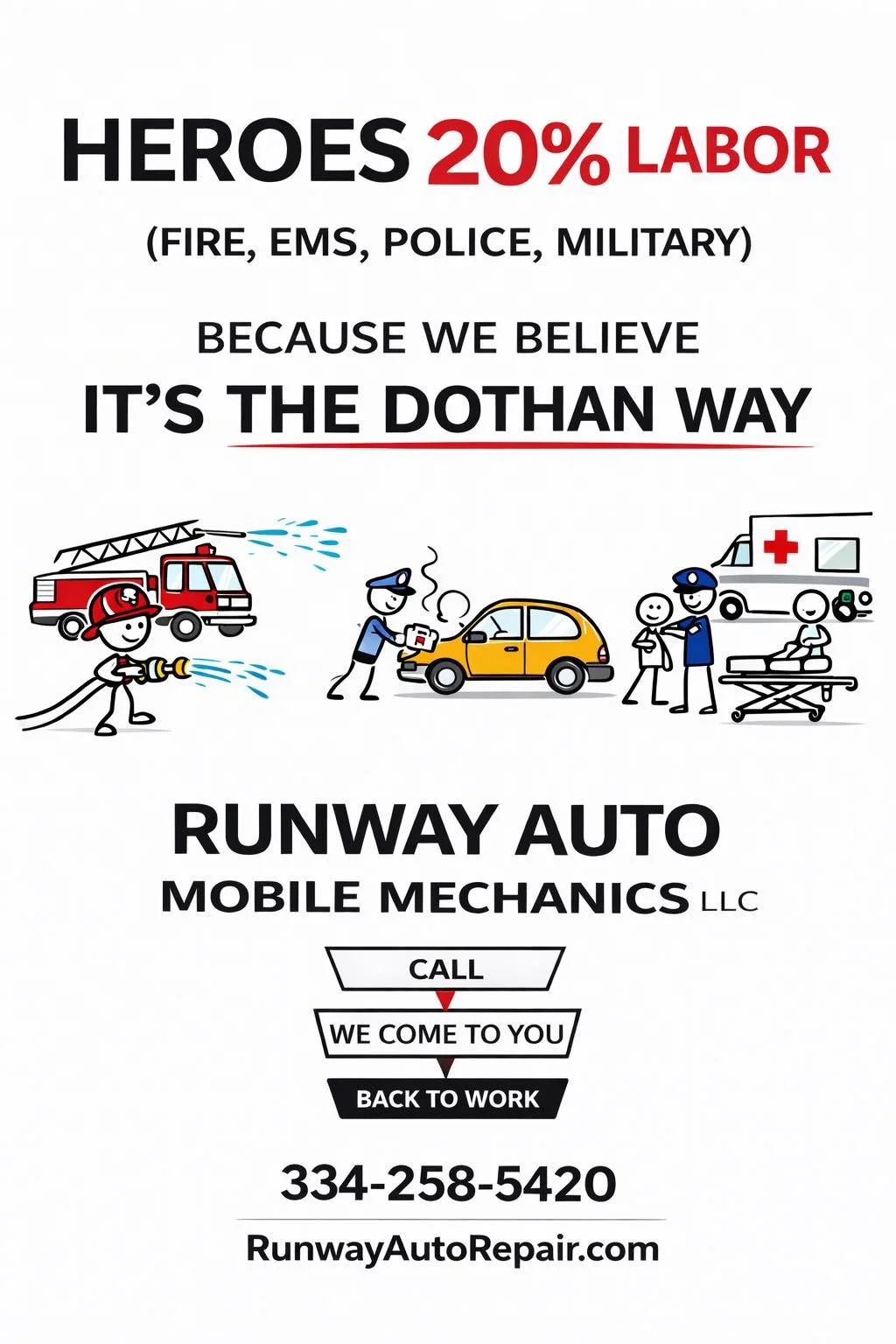 Runway Auto Mobile Mechanics offering 20 percent labor discount for firefighters EMS police and military in Dothan Alabama