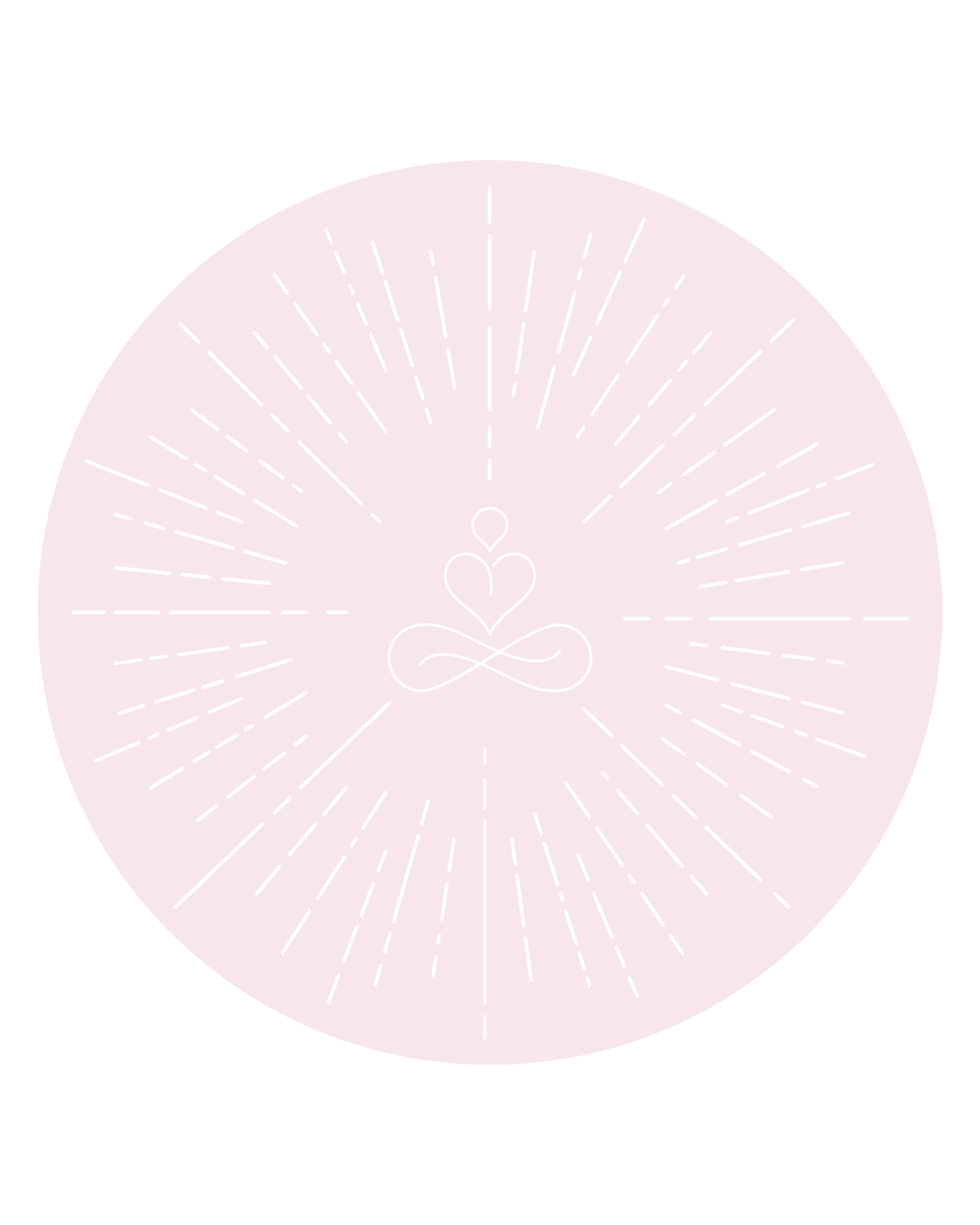 A soft pink circular design with radiating white lines and a central heart shape.