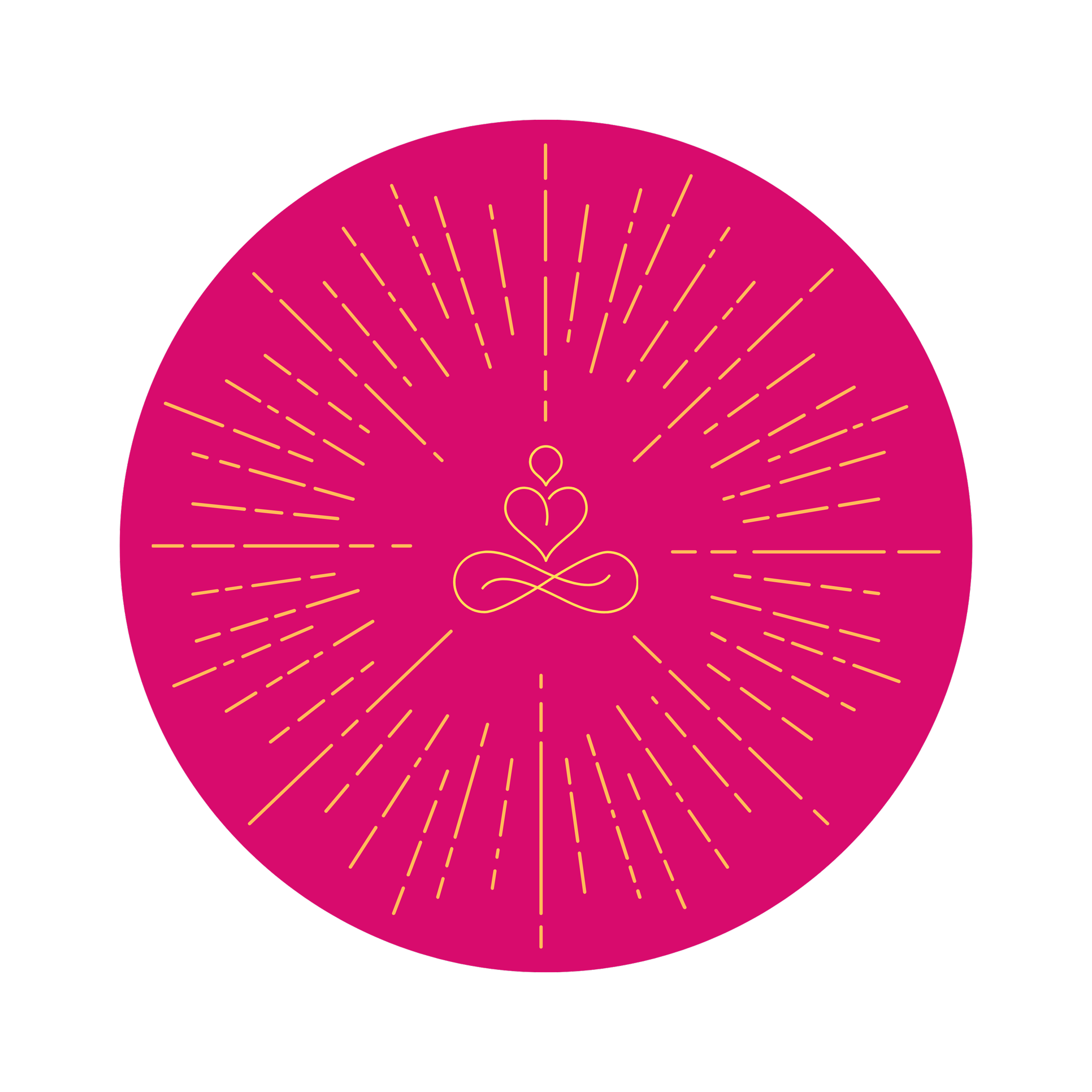 Pink circular design with a glowing outline of a meditating person with a heart, surrounded by radiating lines on a black background. kindred yoga mykindred yoga kindrd yogaa my kindred yoga newbury park