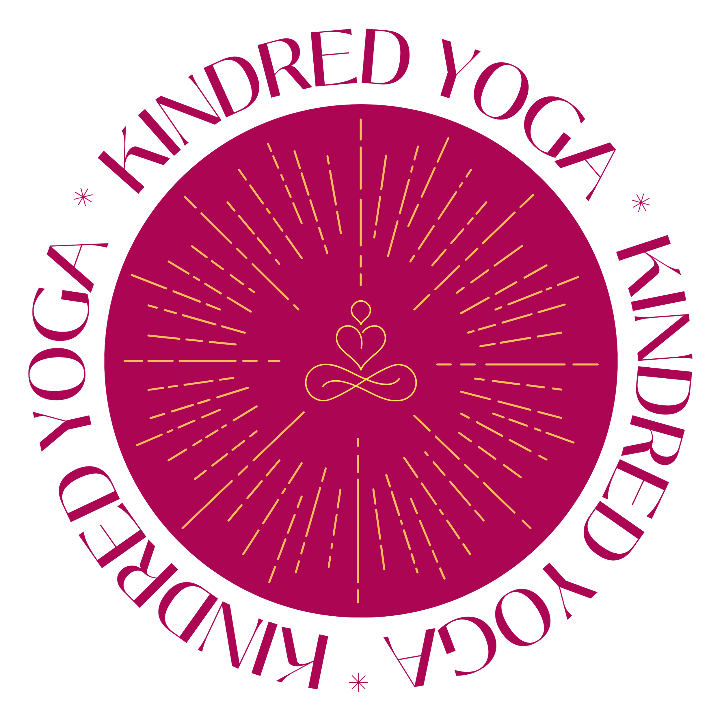 Pink circular logo with a central line art figure of a person meditating, surrounded by radiating lines. Text around the circle says 'I YOGA YOU' and 'KINDRED YOGA' in black and pink. kindred yoga mykindred yoga kindrd yogaa my kindred yoga