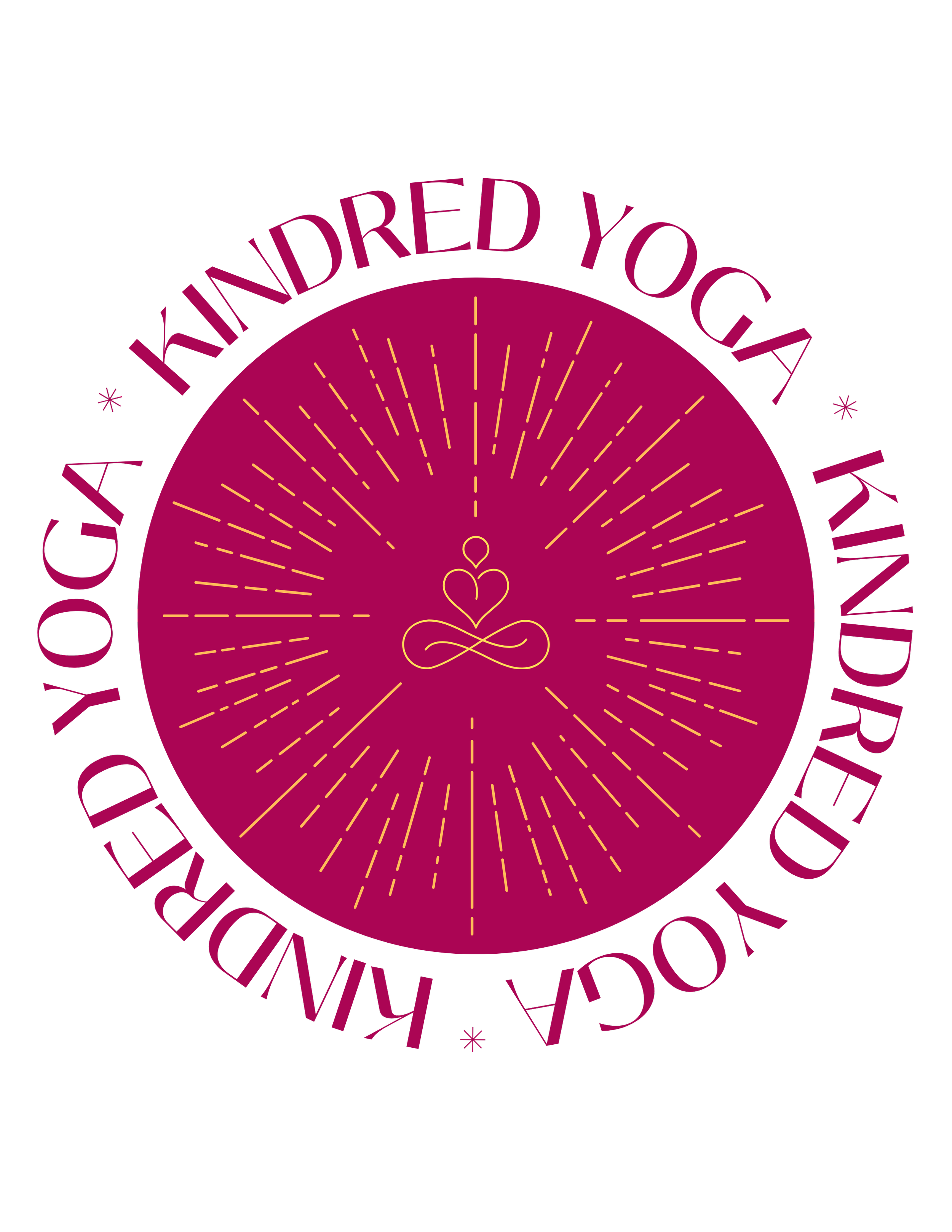 A circular holiday-themed design with a pink background and yellow lines radiating from the center, featuring the phrase "I HUNDRED YOGA" in large pink letters along the top edge.