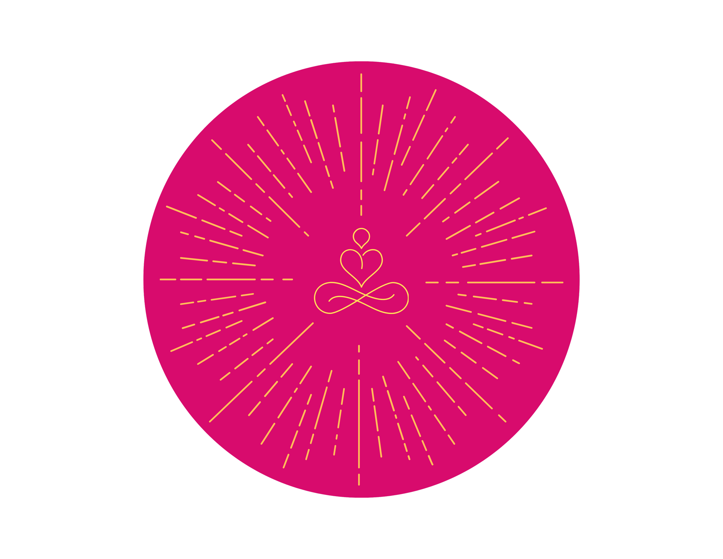 Pink circular design with yellow radiant lines and gold line art of a lotus flower with three hearts above it. kindred yoga mykindred yoga kindrd yogaa my kindred yoga newbury park