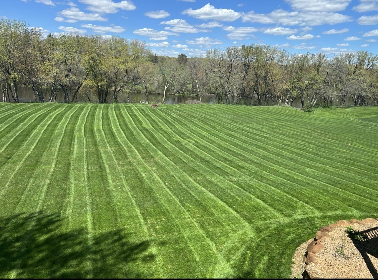 A lush green lawn with freshly mowed stripes managed by Ornell Lawn Services, bordered by trees and a river in the background, under a partly cloudy sky.