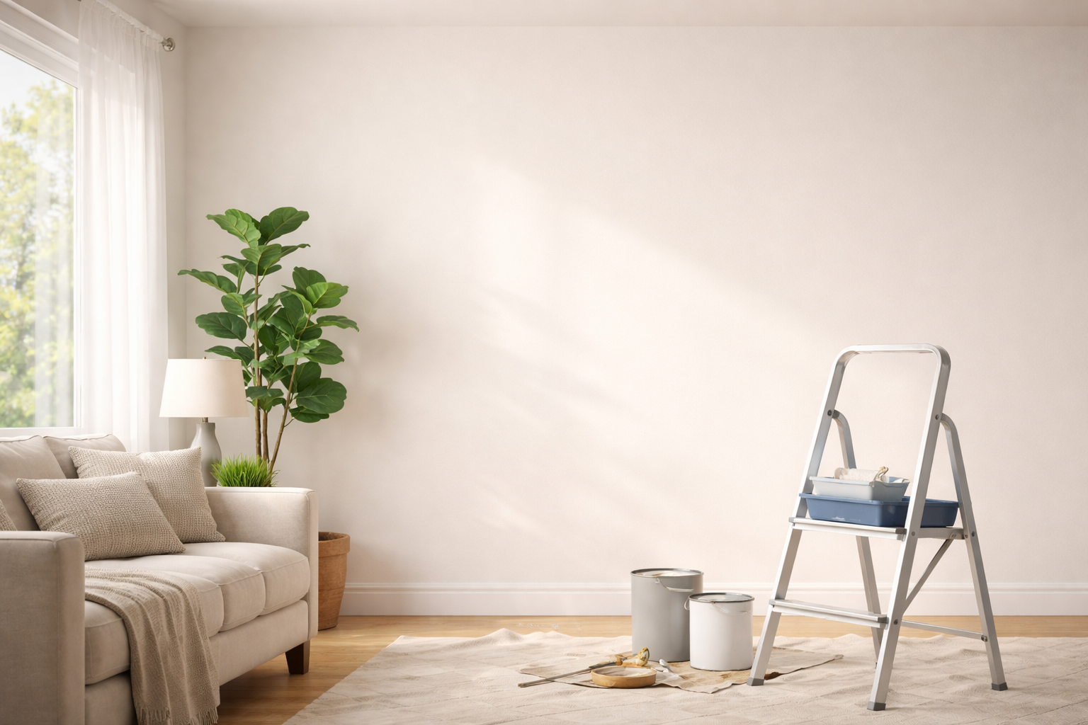 Freshly painted living room in Spartanburg, SC and painting supplies including paint cans and a step ladder.