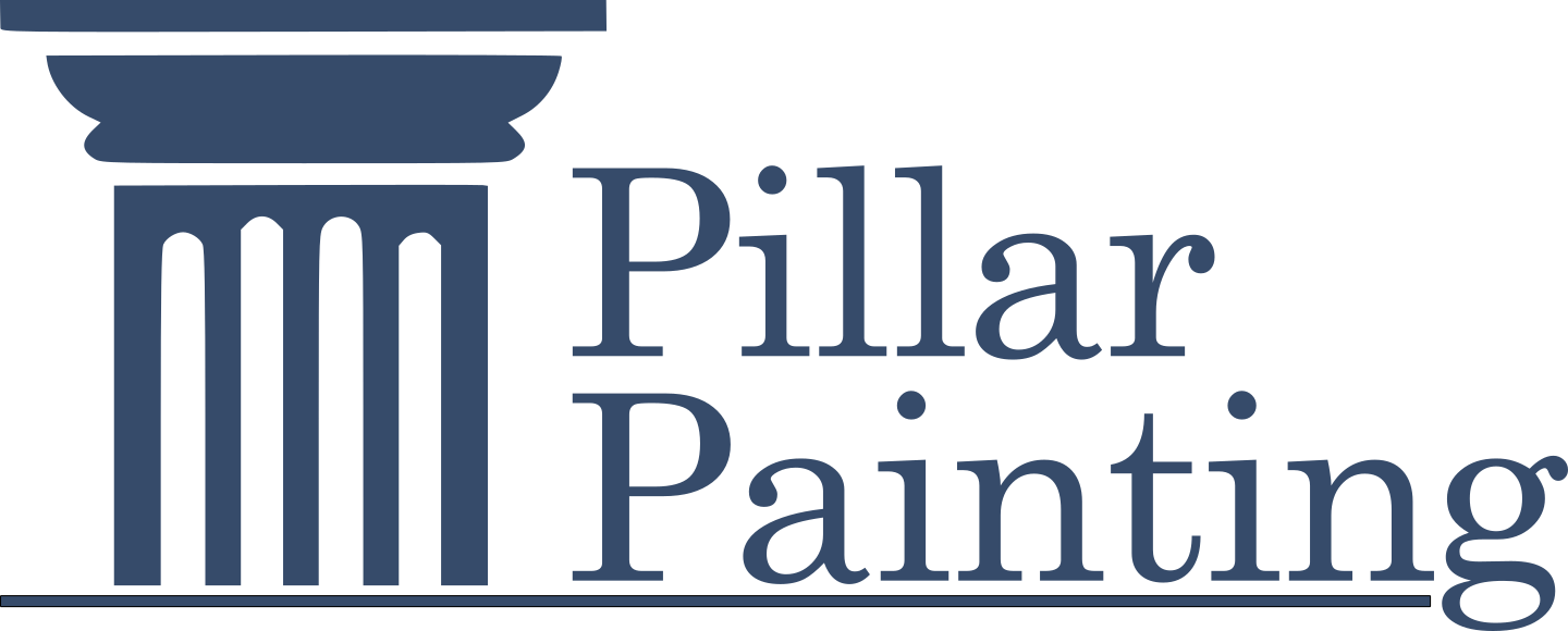 A logo with a dark blue stylized pillar on the left and the words "Pillar Painting", a painting company around Spartanburg, SC, in dark blue in a serif font to the right.