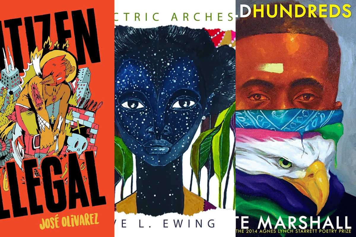 Three book covers displayed side by side. The first is for a book titled 'Citizen Illegal' with an illustrated character and vibrant colors. The second features a portrait of a woman with dark skin, celestial markings on her face, and large expressive eyes, titled 'Electric Arches.' The third shows a person with a painted face resembling an eagle, wearing a colorful bandana, titled 'Hundreds'.