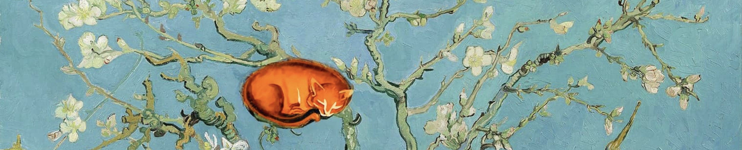 A close-up illustration of an orange tabby cat curled up sleeping on the branches of a flowering tree with white blossoms, against a light blue sky background.