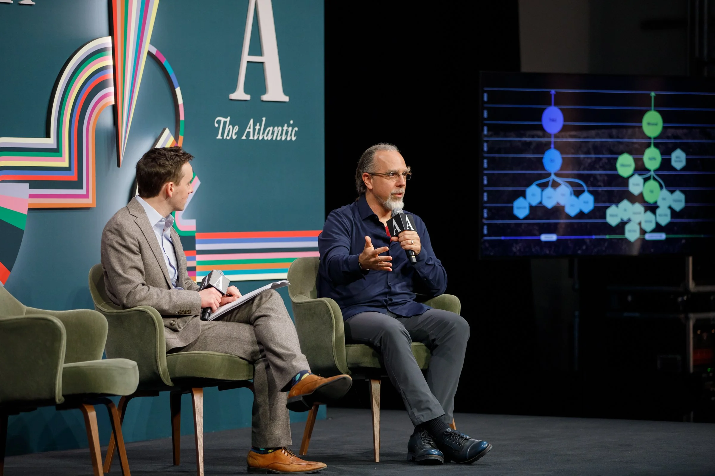 A panel discussion at The Atlantic event with two men seated on stage, one holding a microphone and the other taking notes. Behind them is a large logo for The Atlantic and a screen displaying a flowchart or diagram.
