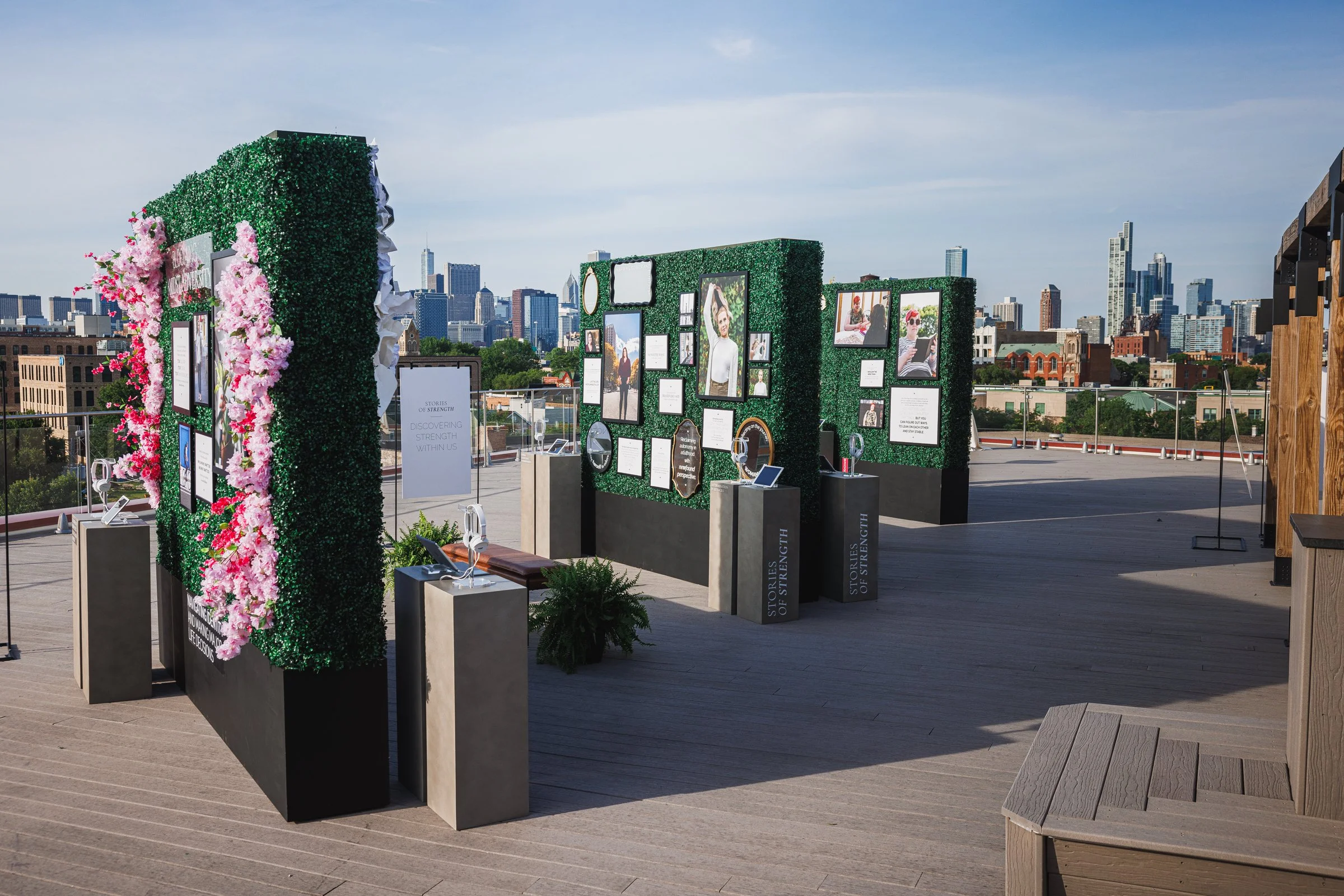 An outdoor art exhibition displaying framed photographs and artwork mounted on green hedges, with city skyline in the background.
