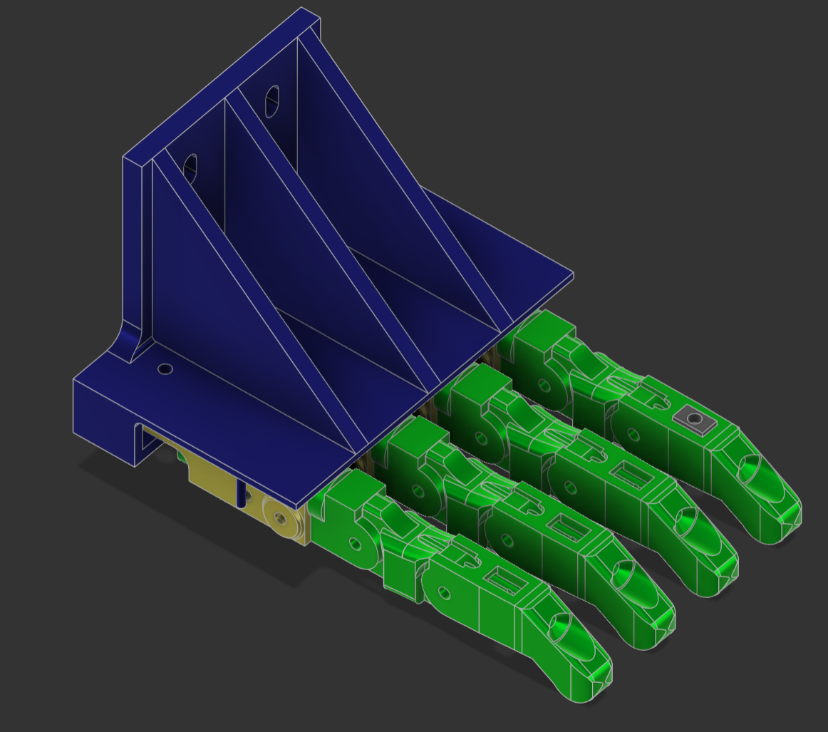 3D model of a mechanical component with a blue structure and four green robotic fingers attached to a base.