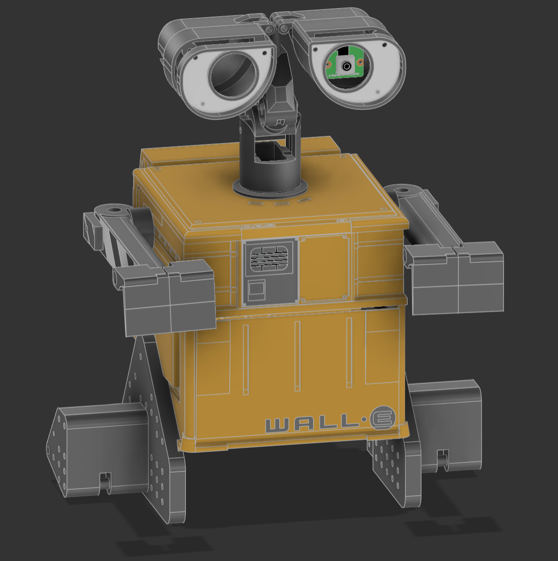 A robot with a box-shaped yellow body, with the word 'WALL-E' on the front, large gray arms, and two large gray eyes with digital screens inside, set against a dark background.