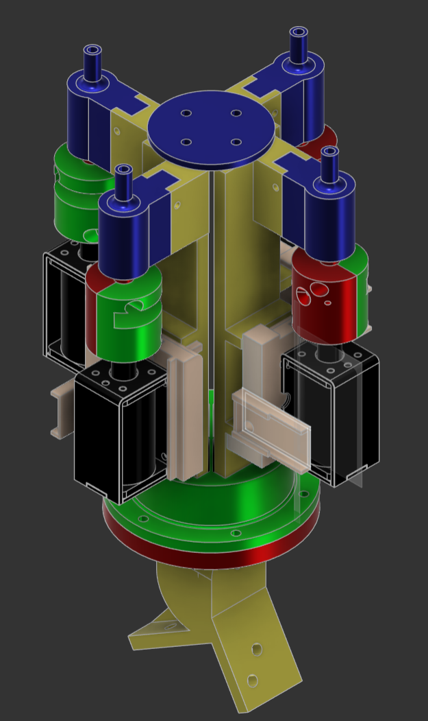 A detailed 3D model of an industrial robotic or mechanical assembly with colorful components, including blue, green, red, black, and beige parts, mounted on a metal base.
