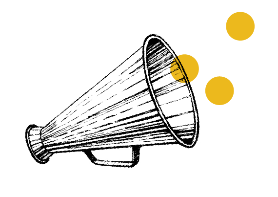 Line drawing of a loudspeaker emitting sound waves, with three yellow circles representing sound traveling outward.