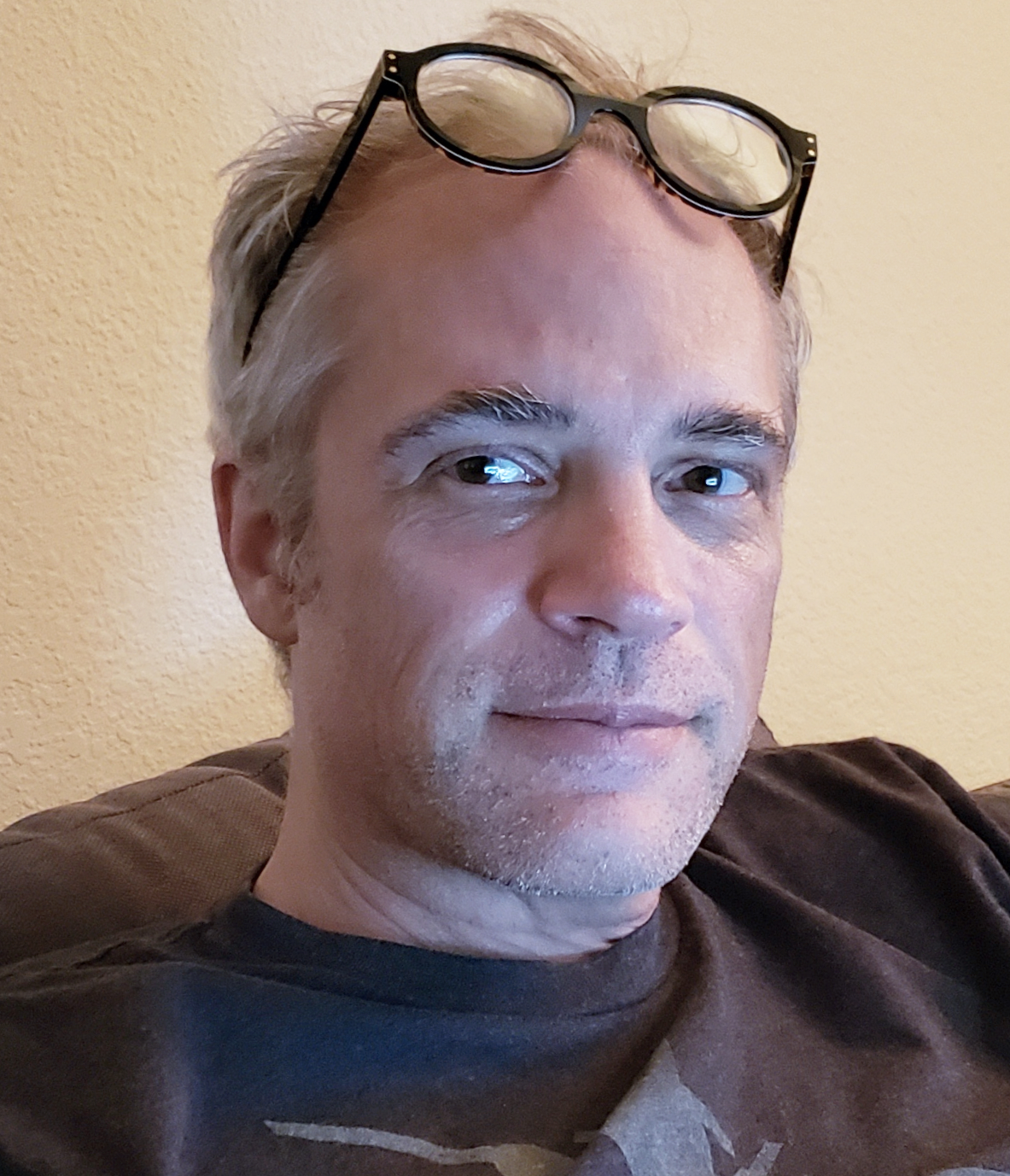 Close-up of a middle-aged man with gray hair, wearing glasses on his head, sitting on a brown couch with a beige wall in the background.