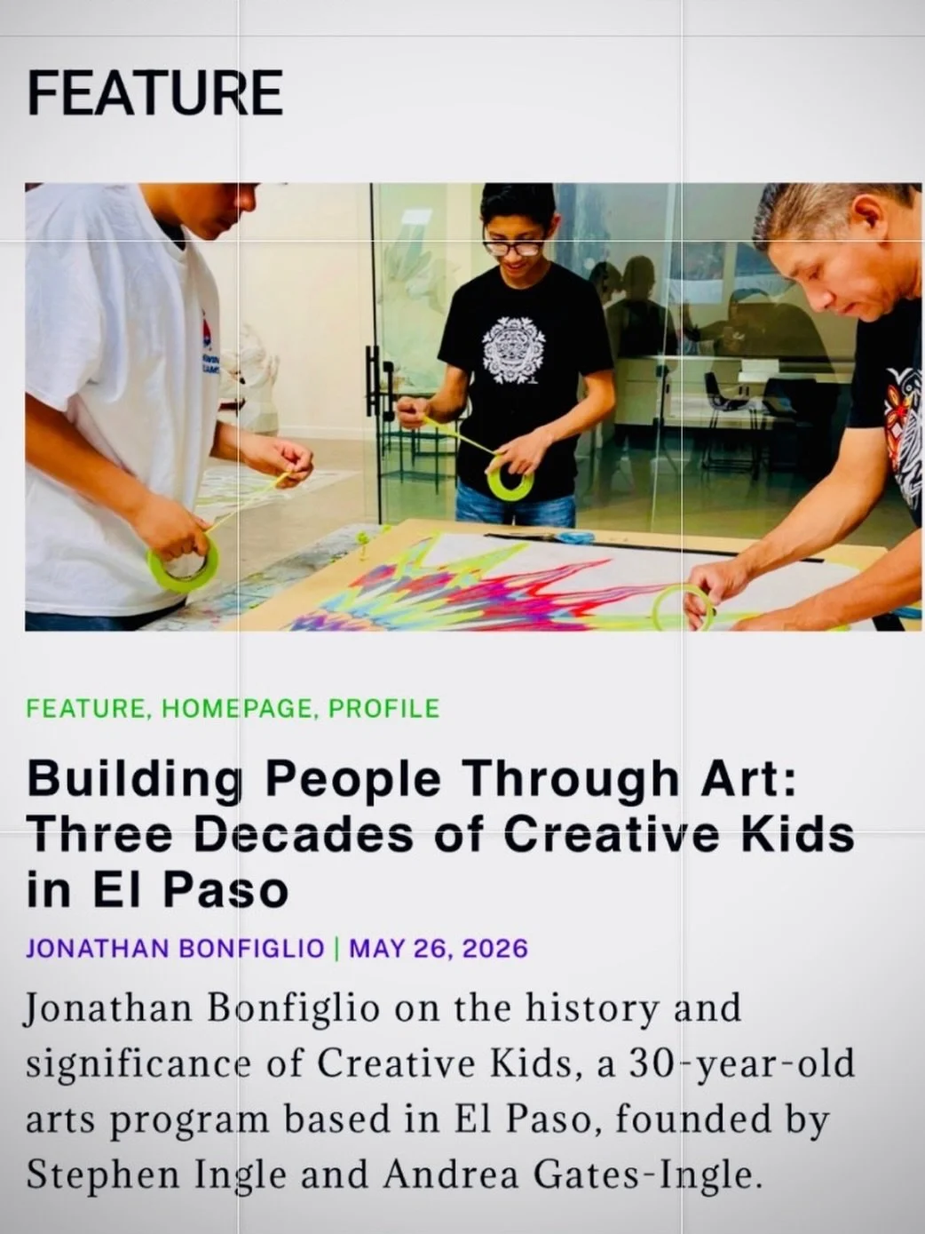 Honored and grateful to @glasstire and Jonathan Bonfiglio for capturing the heart of Creative Kids and the spirit of our almost three-decade journey. Thank you for telling our story with such care and for celebrating the young artists, families, and 