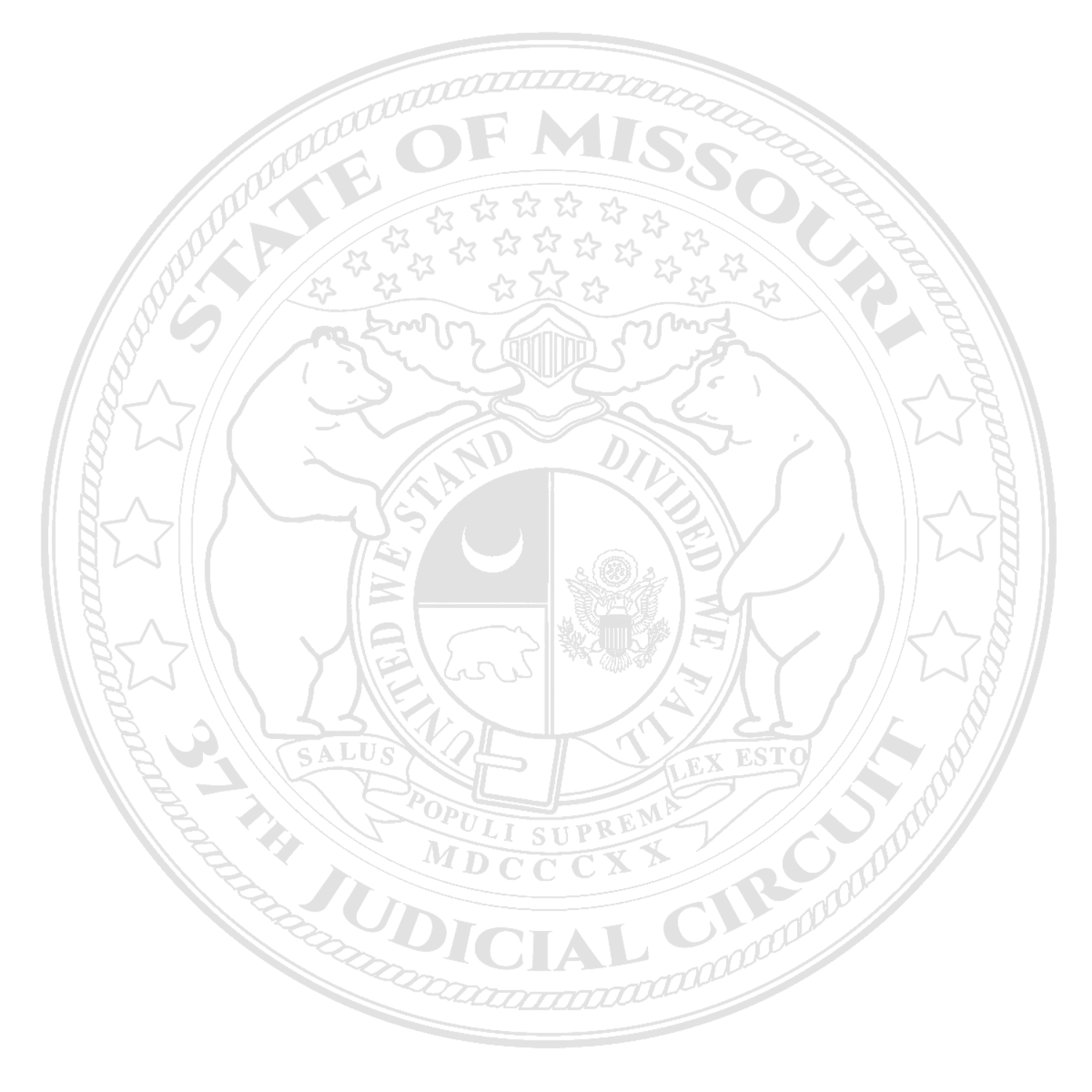 Official seal of the Judicial Circuit of the State of Missouri, featuring two bears holding a shield, a crescent moon, a bear, and the Great Seal of the United States, with Latin mottoes and Roman numerals.