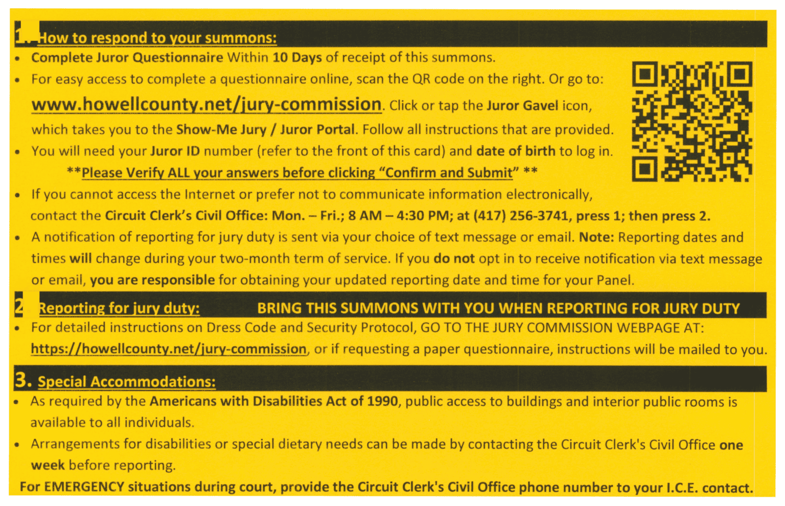 Instructions for jury duty reporting, including QR code, website link, and procedural guidelines on jury questionnaire completion, reporting, and accommodations.