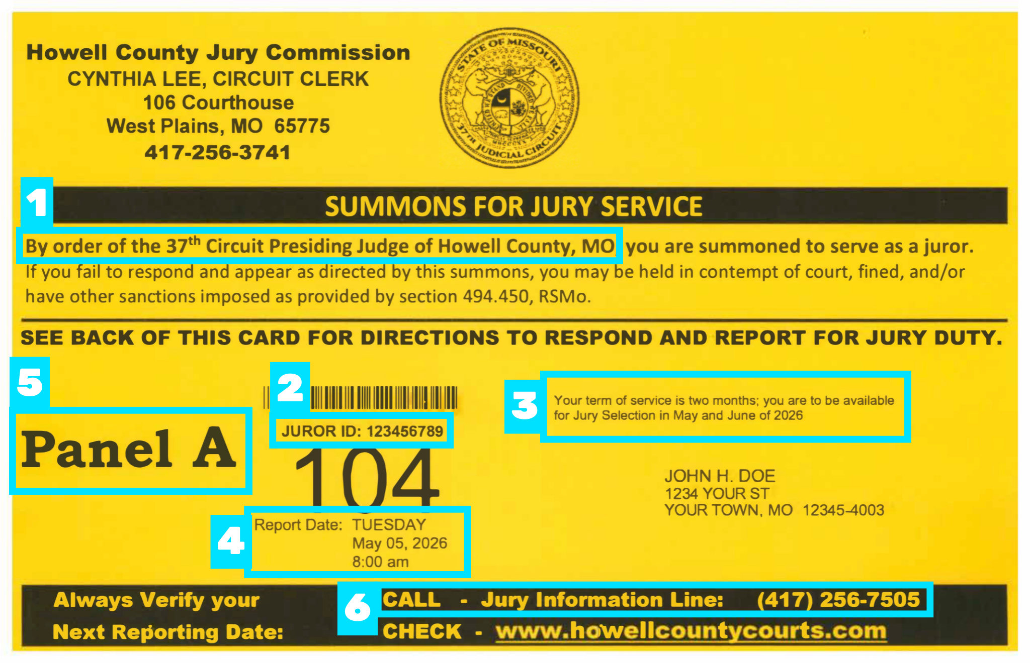 Yellow jury summons for Howell County, Missouri, court service, with instructions and contact information