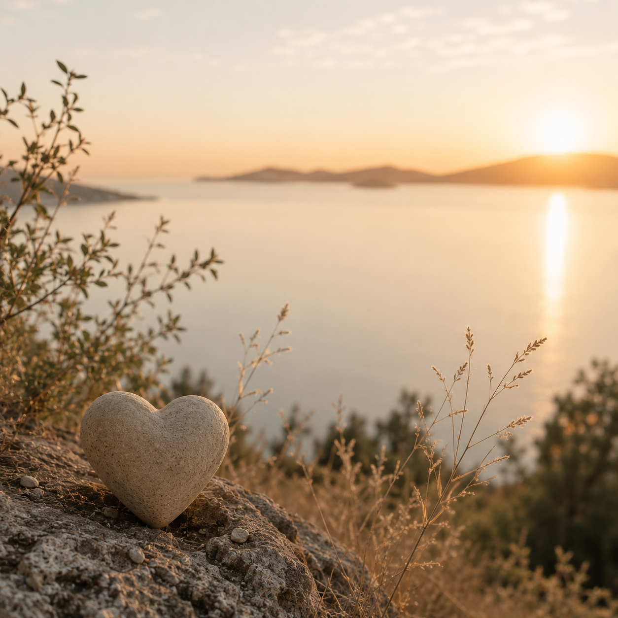 sunset with stone heart