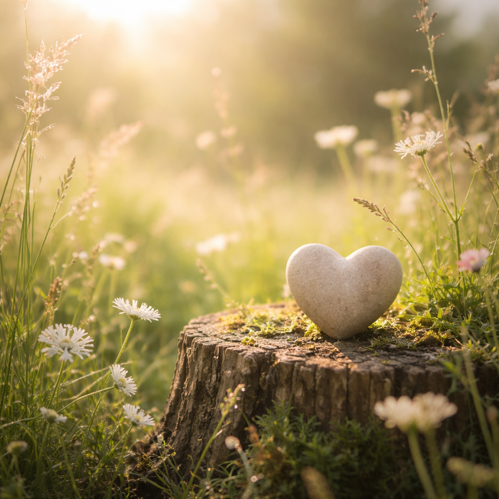 A small heart-shaped stone on a tree stump surrounded by wildflowers in a sunlit meadow.
