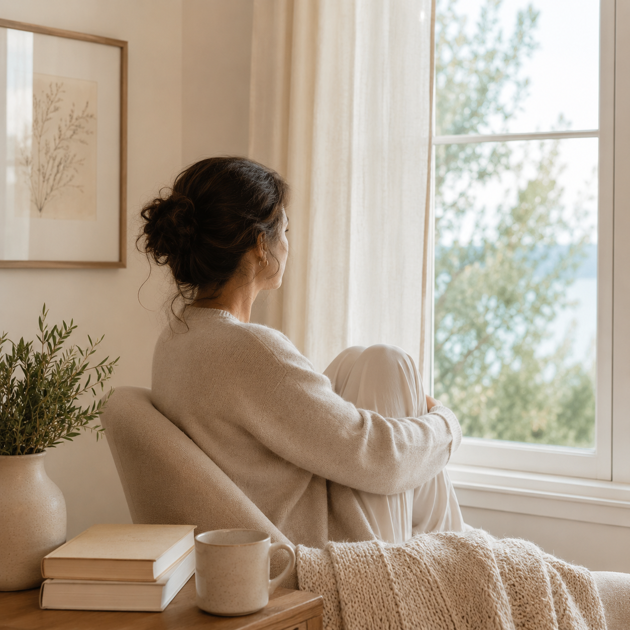 woman looking out window in contemplation
