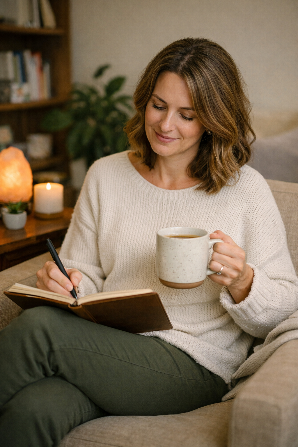 woman sitting journaling and holding a cup of coffee