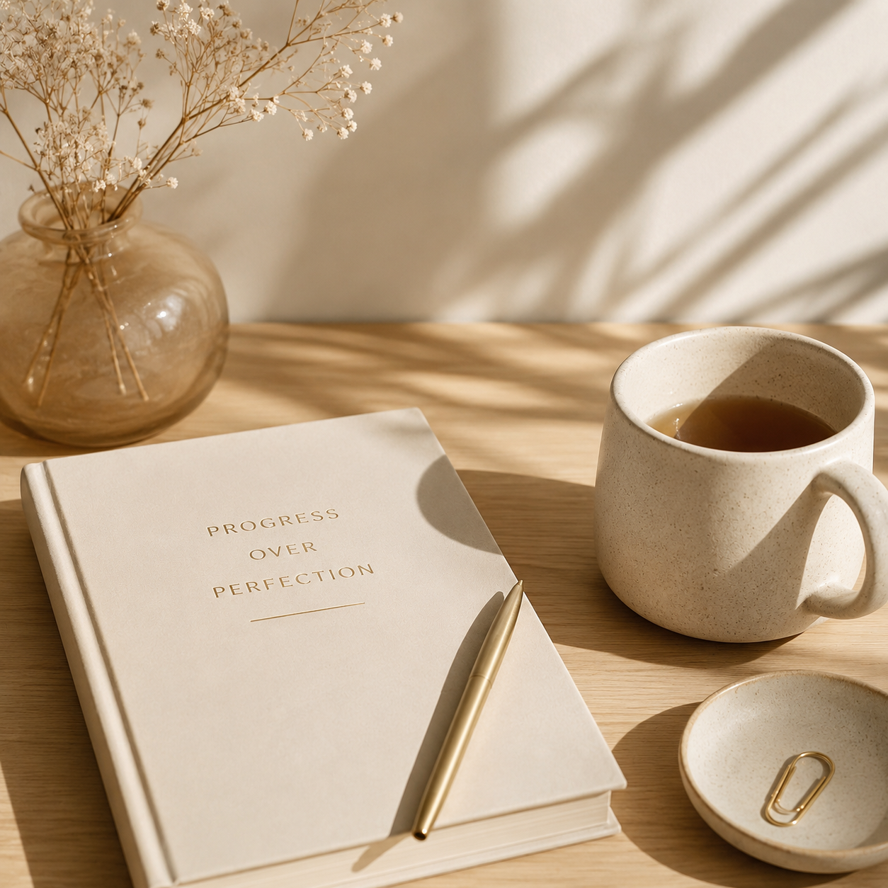 notebook with pen and mug of coffee