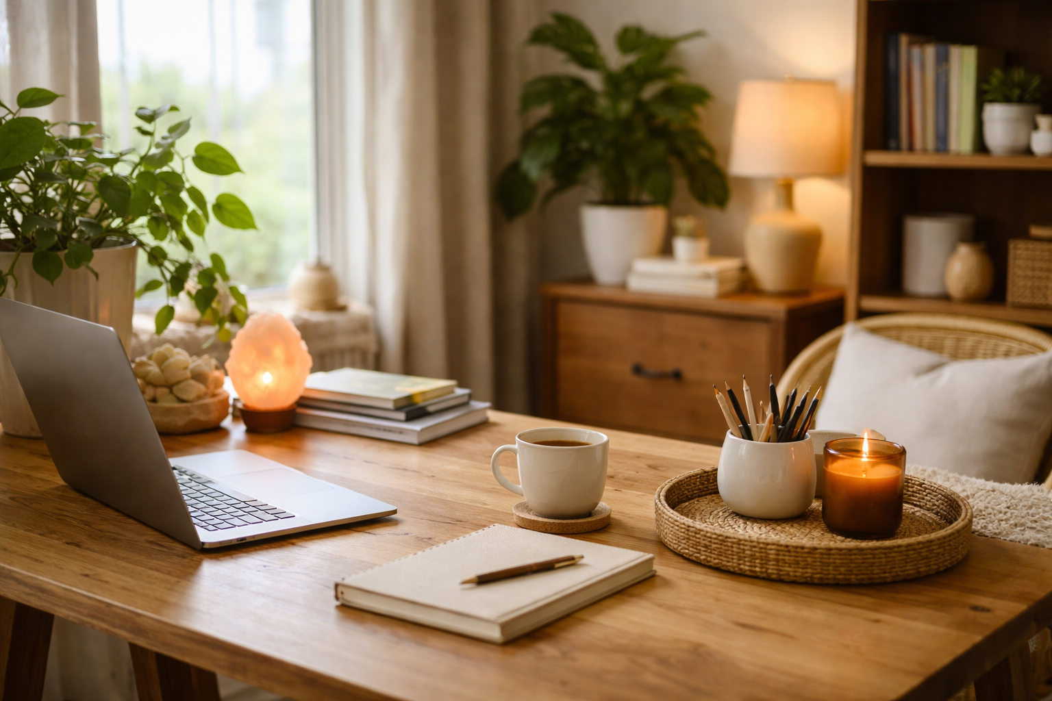A calm desk scene with a notebook and tea in soft natural light.