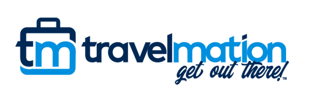 Travelmation logo with a suitcase icon, the text "travelmation" in blue and black, and the slogan "get out there!" in cursive.