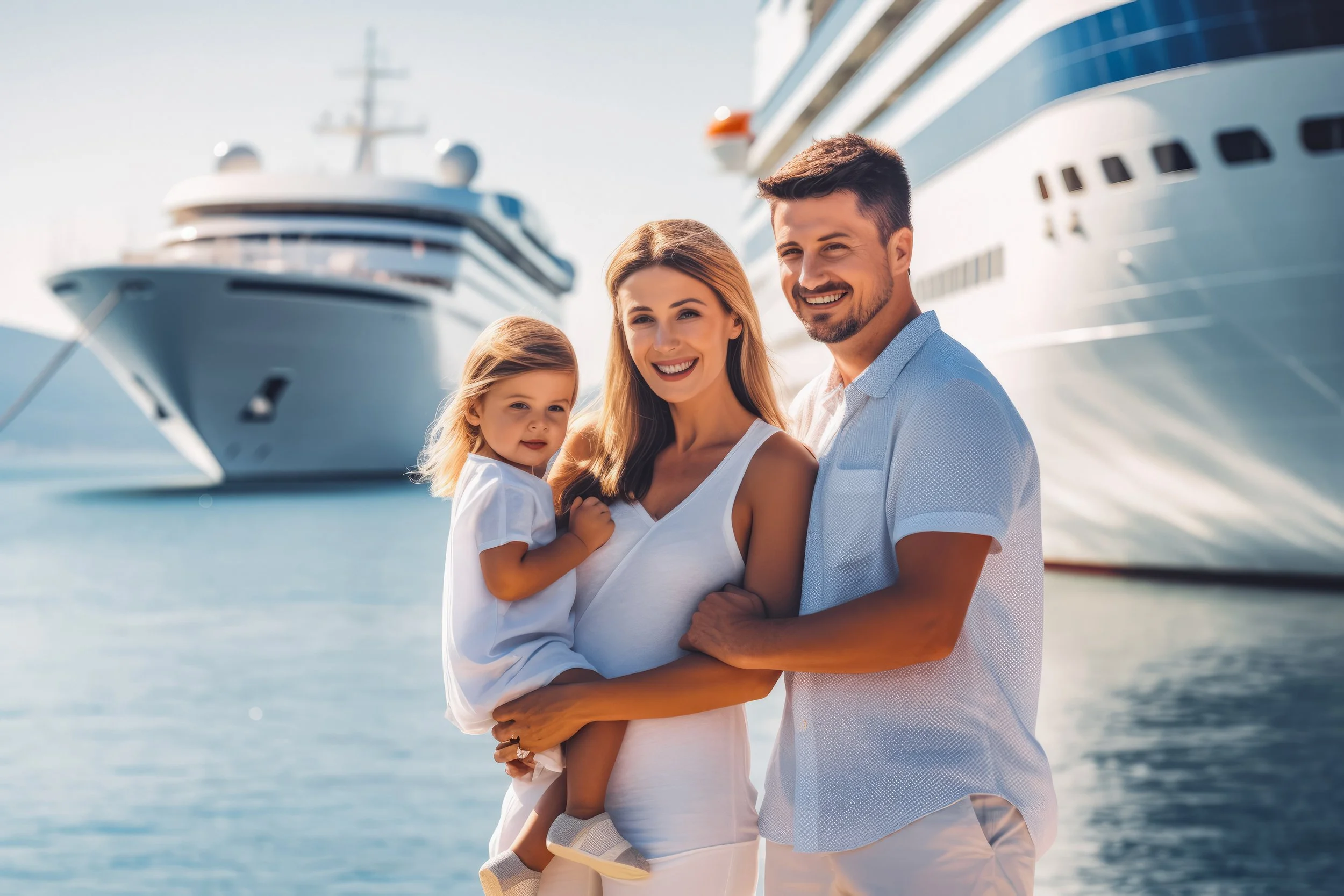 A family of three smiling and standing close together on a dock with large yachts in the background.