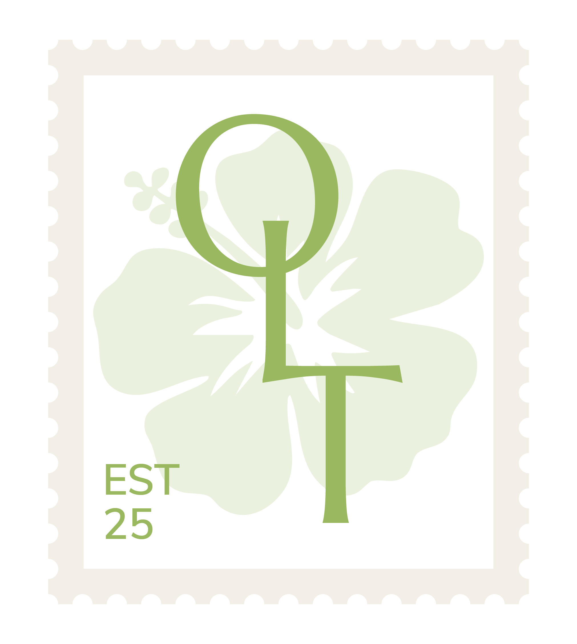 A postage stamp featuring a stylized letter 'O', 'L' , and 'T' for Ohana Legacy Travel in green, with a light green hawaiian hibiscus flower in the background. The stamp notes 'EST 25' in the bottom left corner. This is an Ohana Legacy Travel logo.