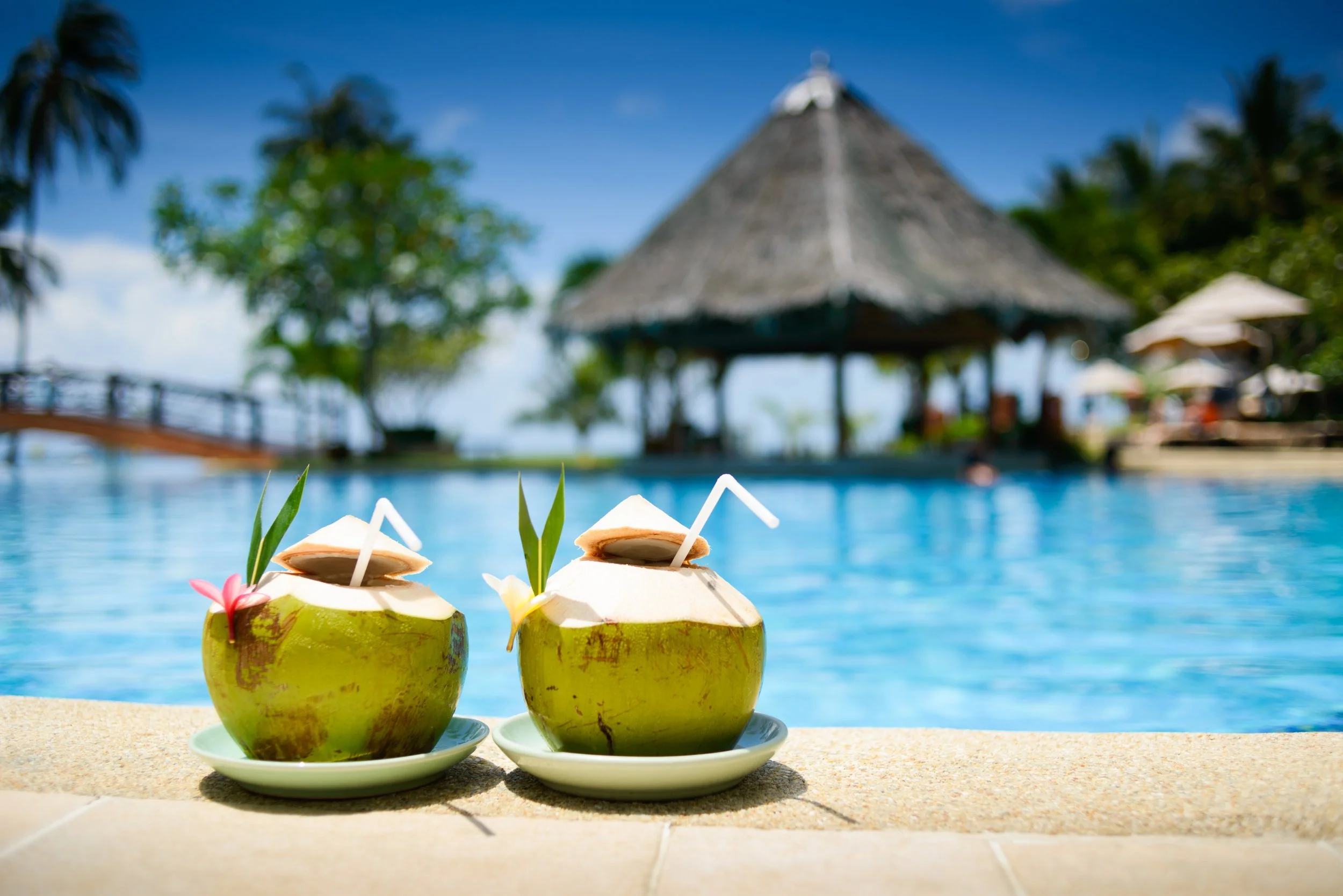 Two green coconuts with straws and garnishes sitting by a swimming pool with a tropical hut and trees in the background.