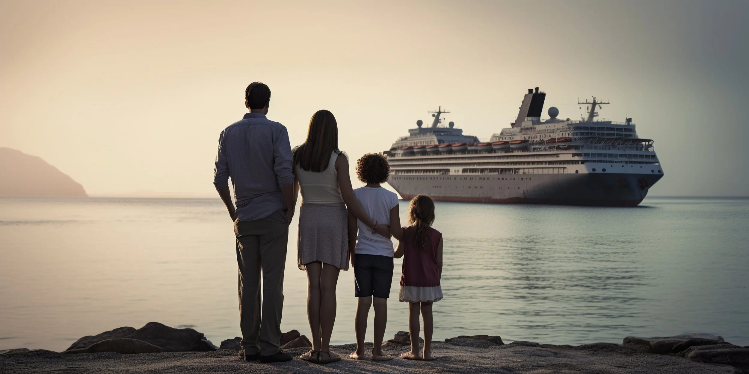 A family of five stands on a rocky shoreline at sunset, watching a large cruise ship on calm water.