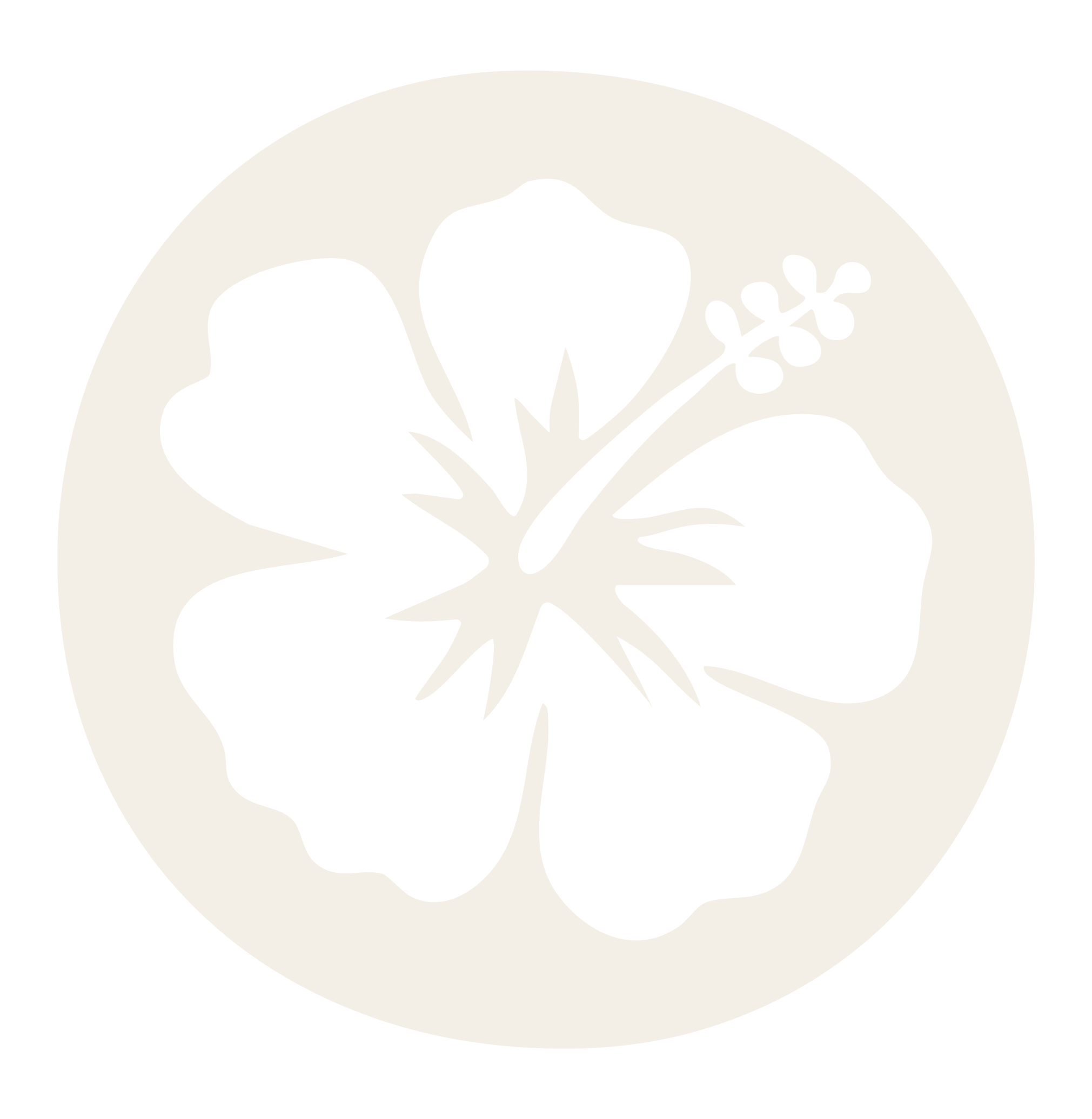 Ohana logo of white hibiscus flower on a beige circle background.