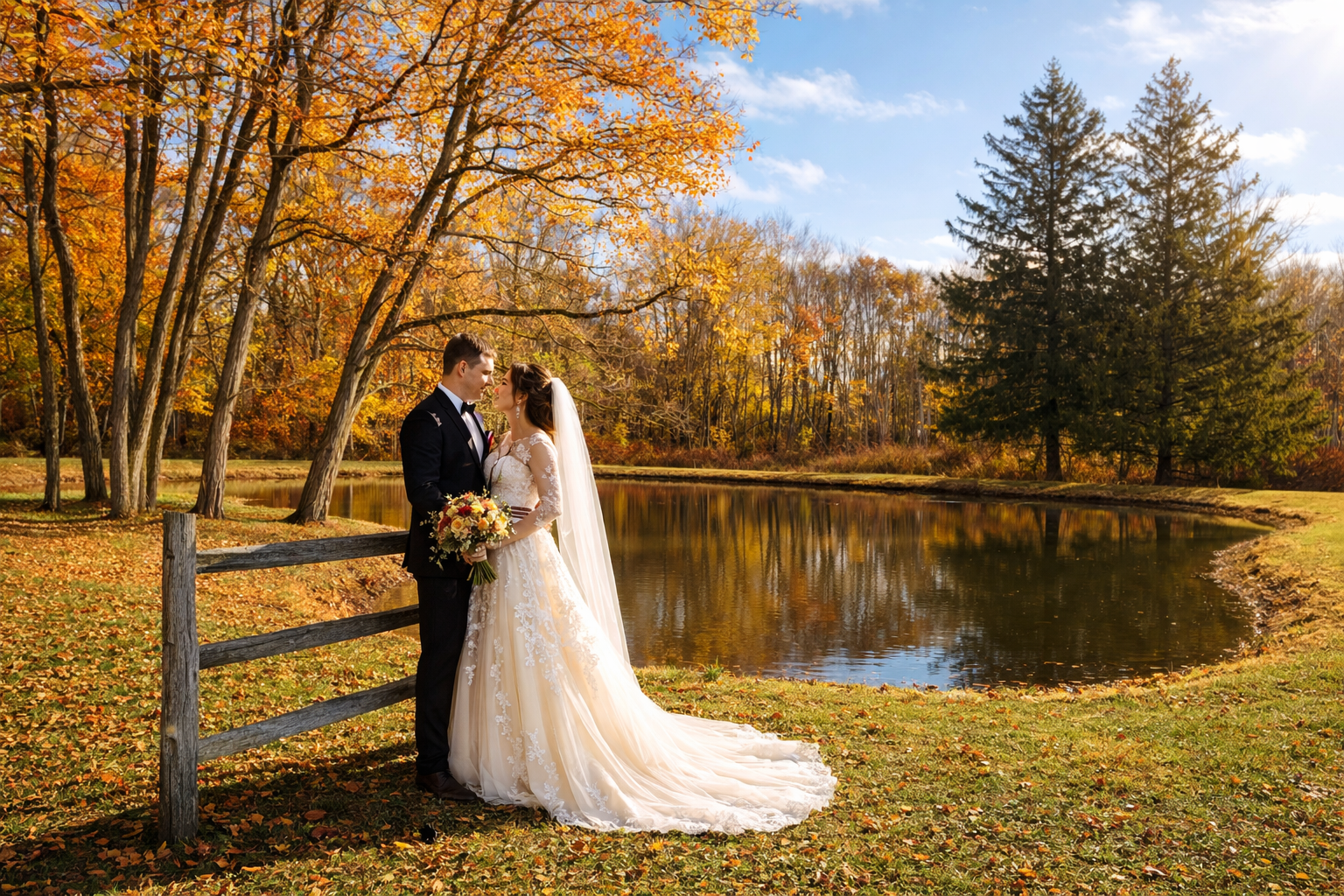 A bride and groom standing near a pond surrounded by fall foliage, gazing into each other's eyes. The bride holds a bouquet and wears a long white lace wedding gown, while the groom is in a black tuxedo. The scene is set outdoors on a bright, sunny d