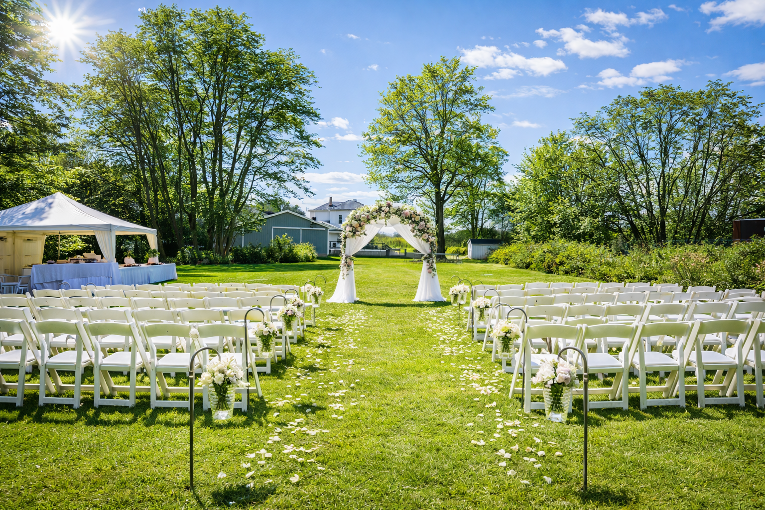 An outdoor wedding setup on a sunny day with rows of white chairs decorated with flower arrangements, a floral arch at the front, and flower petals scattered on the grass aisle, surrounded by trees and greenery.