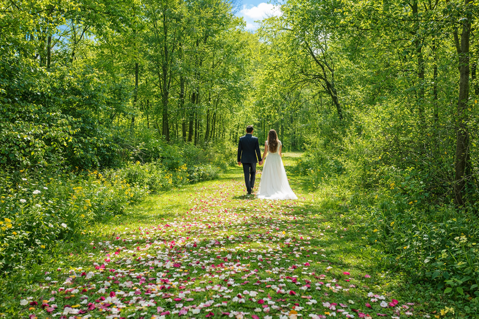 A bride and groom walking hand in hand along a flower-lined forest path on a sunny day.