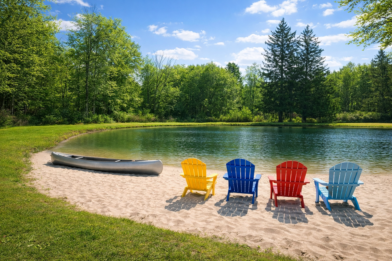 Colorful Adirondack chairs—yellow, blue, red, and light blue—are lined up on sandy beach facing a lake with a canoe resting nearby. Green trees and a partly cloudy sky are in the background.