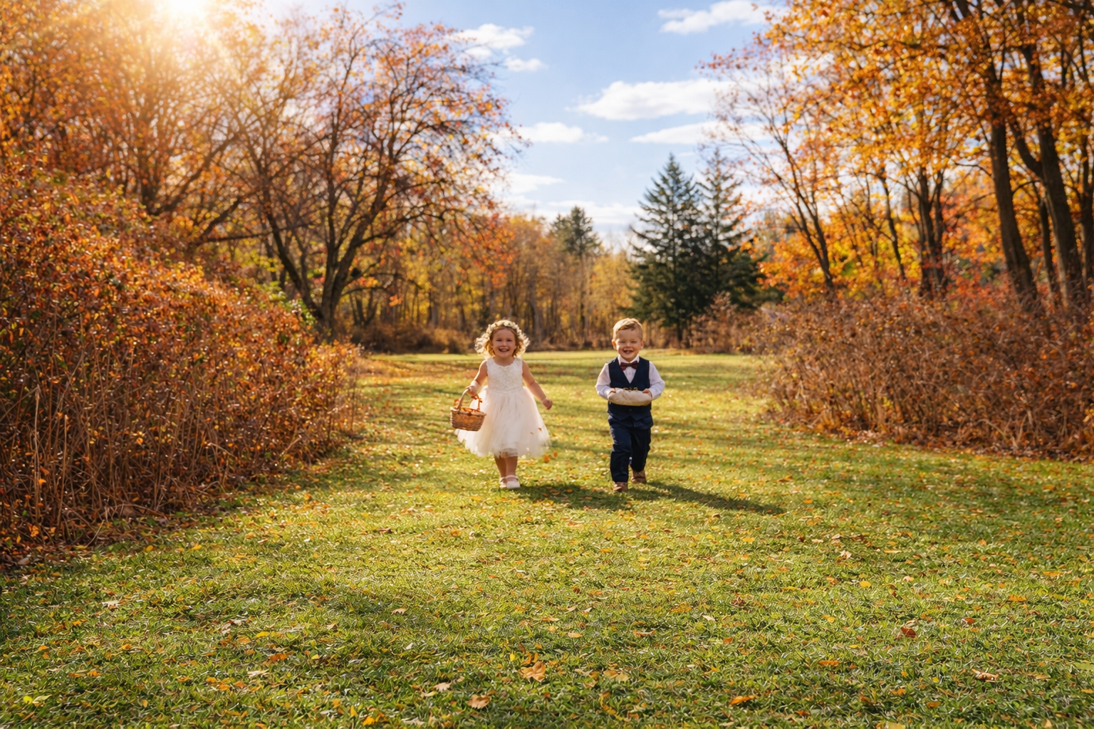 Children dressed in formal clothes running on a grassy path surrounded by autumn-colored trees in a park.