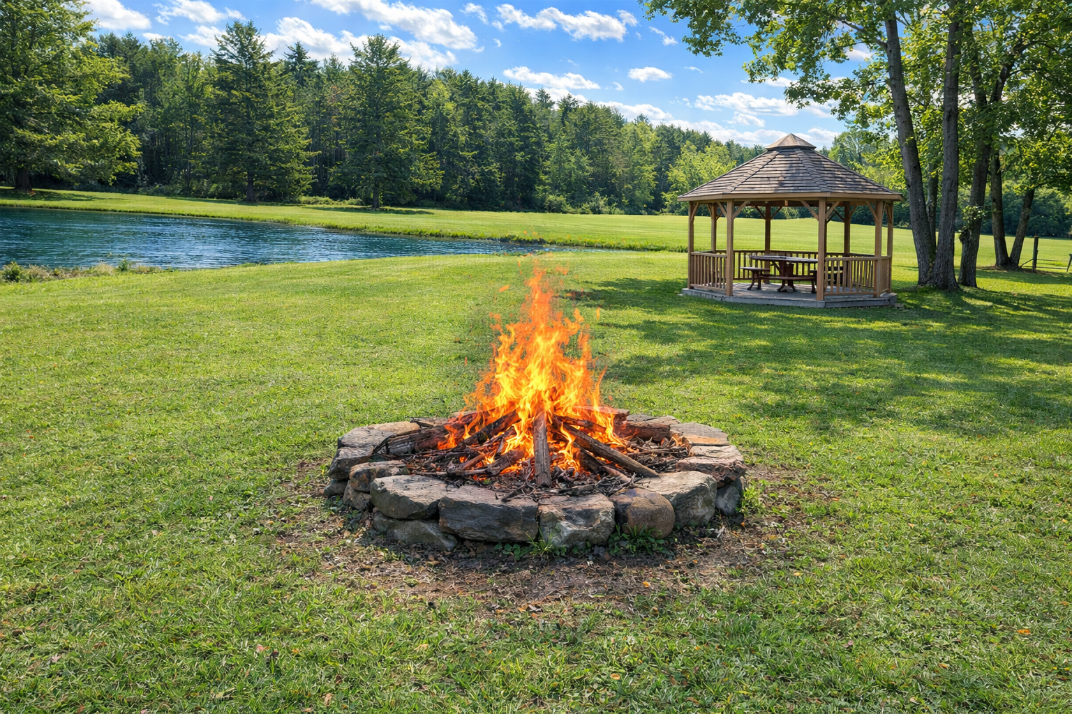 A campfire built with logs encircled by rocks on a grassy lawn near a pond, with a wooden gazebo in the background, surrounded by trees under a partly cloudy sky.