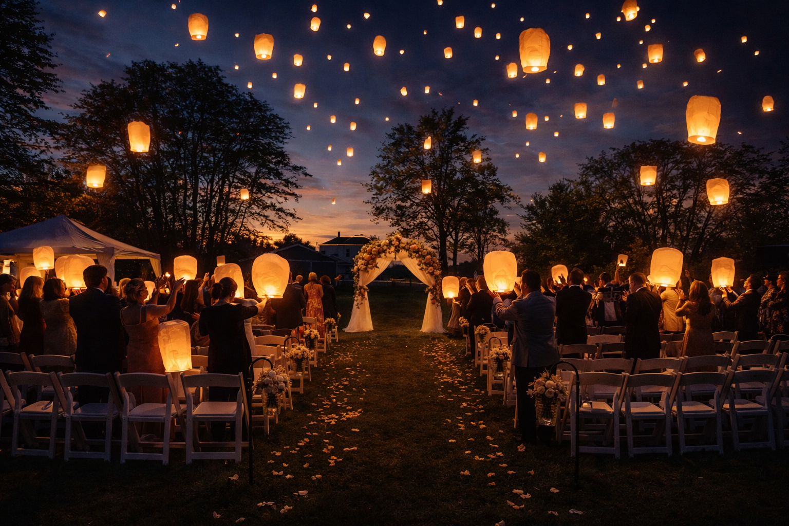 Outdoor wedding ceremony at dusk with floating lanterns in the sky, rows of chairs decorated with flowers, and an archway with flowers and drapery.