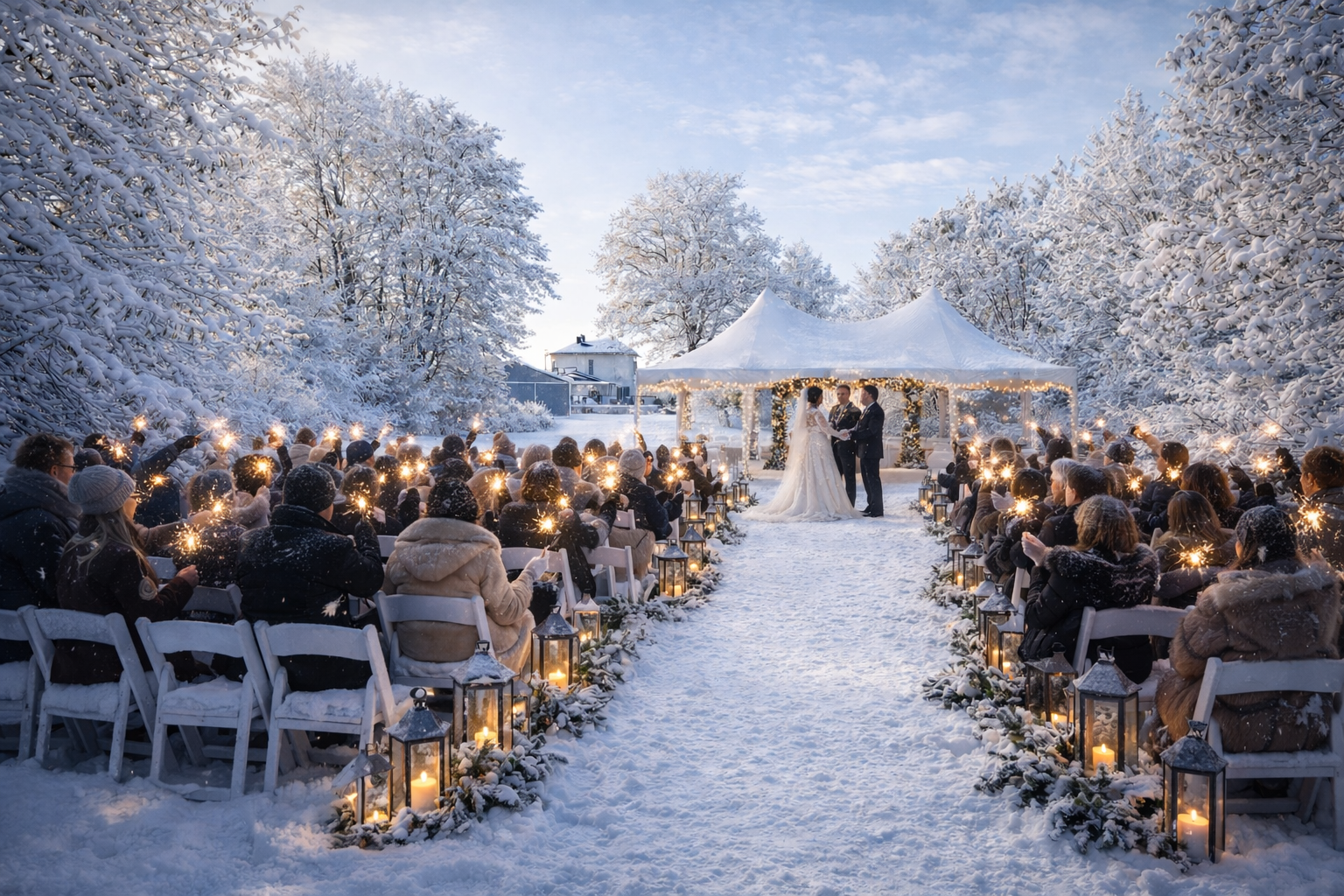 A winter outdoor wedding ceremony with snow-covered trees and ground, guests holding sparklers, and a bride and groom standing under a decorated gazebo.