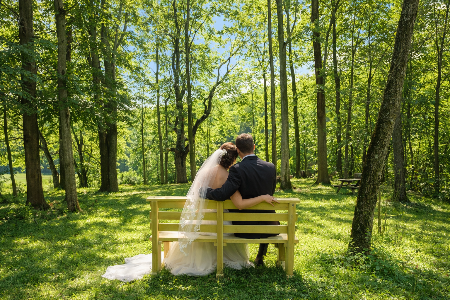 A bride and groom sitting close together on a wooden bench in a green forest, with sunlight filtering through the trees.