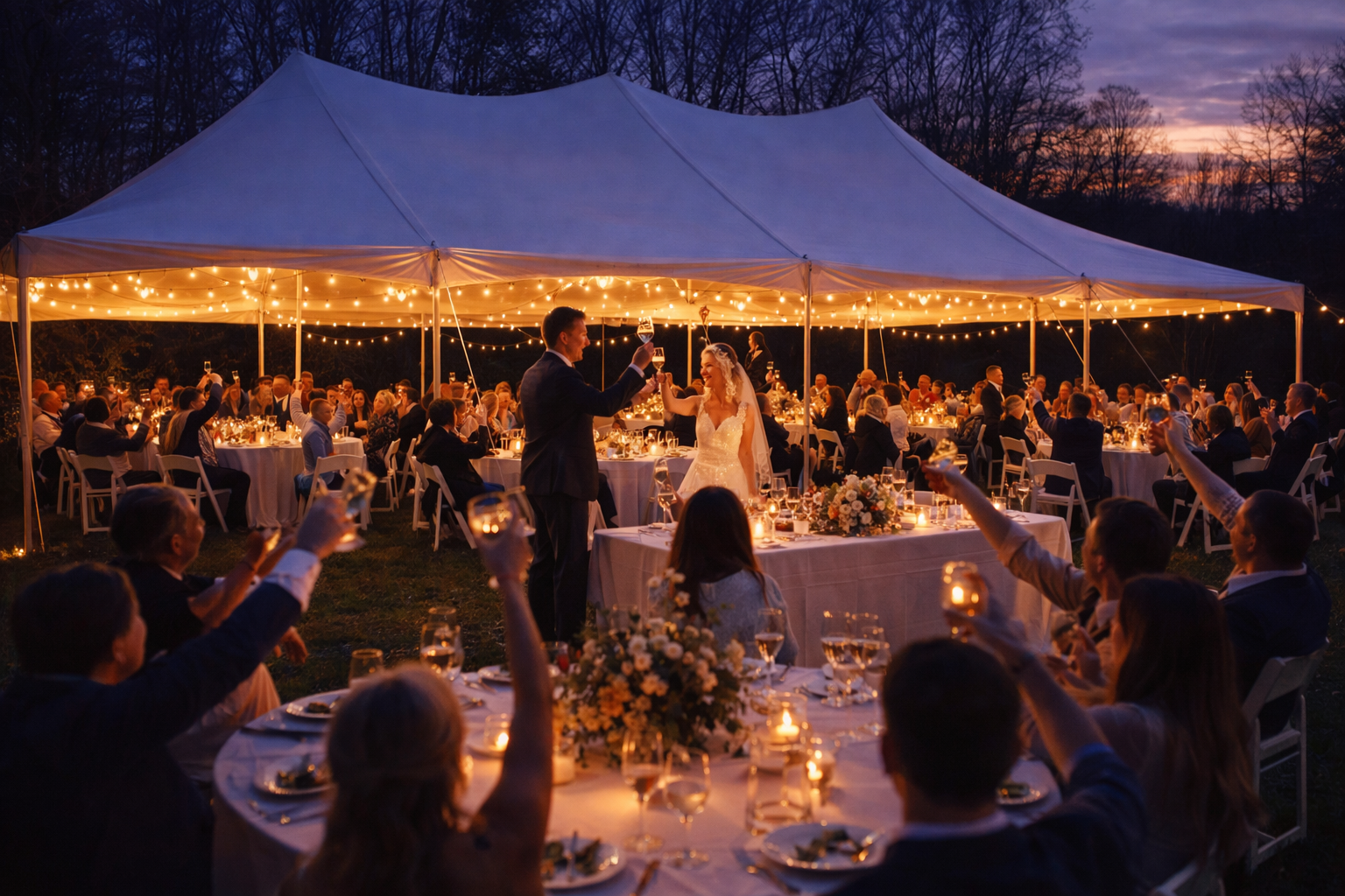 Wedding reception under a large white tent decorated with string lights during early evening, with guests raising glasses in celebration.