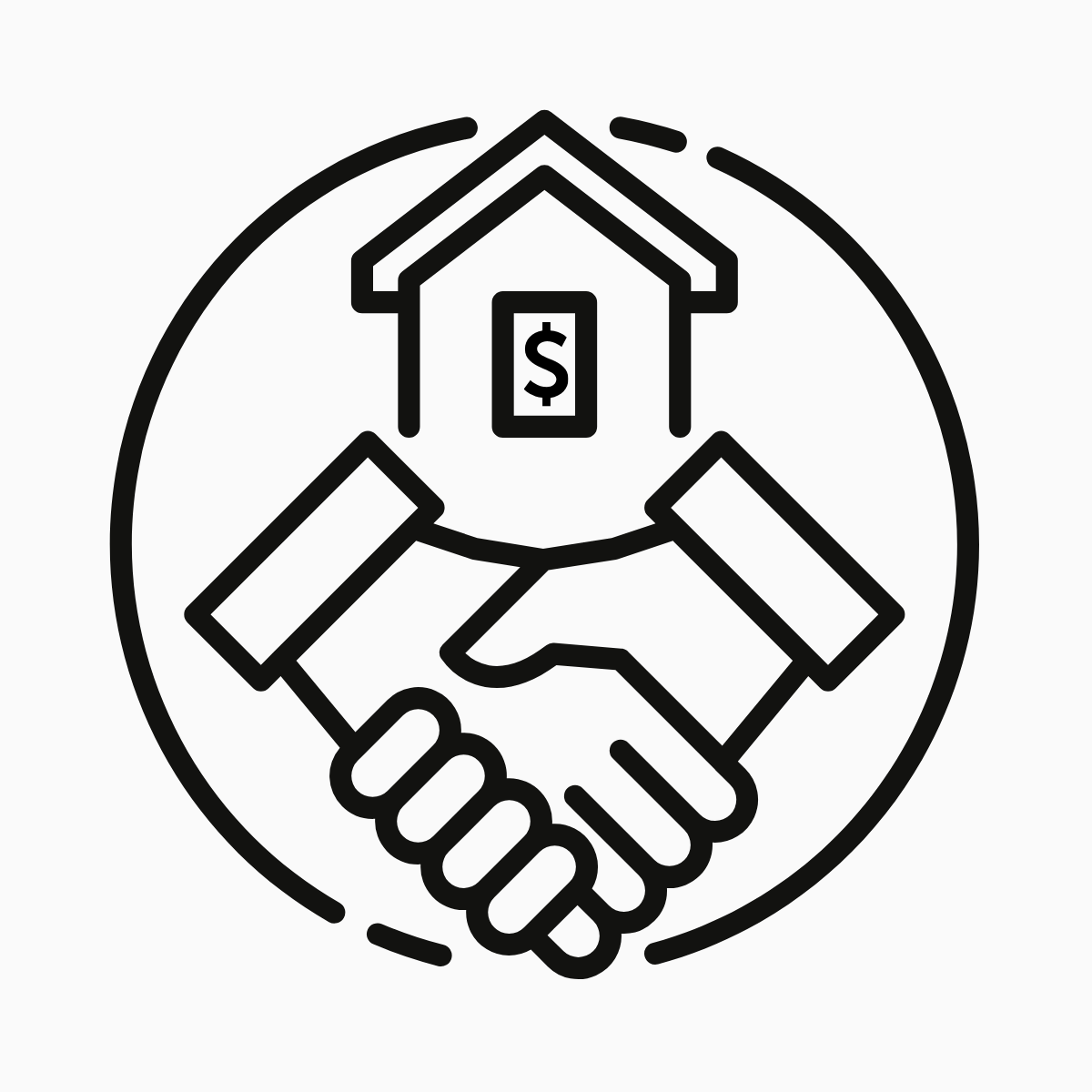 Black and white icon of a house with a dollar sign on the door, surrounded by a handshake, representing real estate or property transaction or agreement.