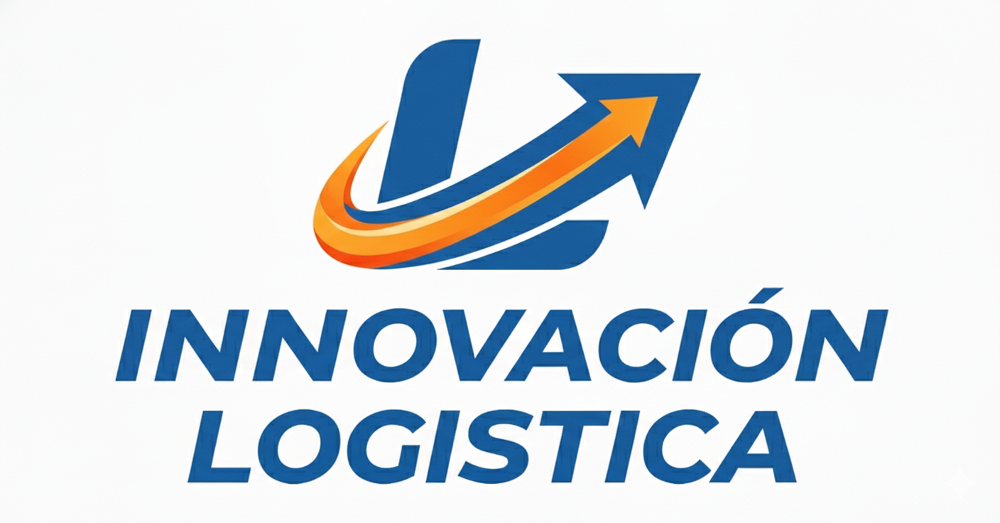 Logotipo de innovación logística con una flecha en movimiento y texto en azul.
